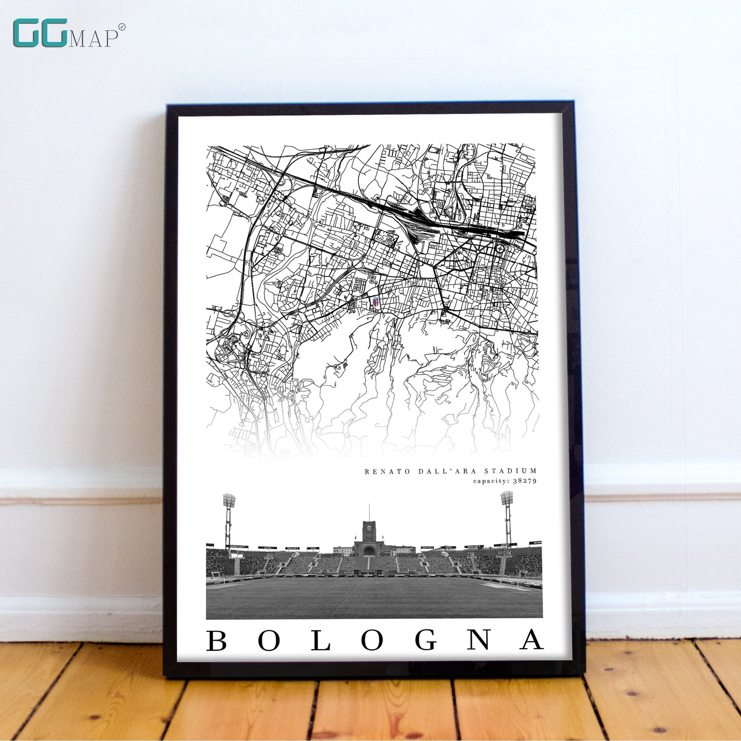 City map of Bologna - BOLOGNA FC - Renato Dall'Ara Stadium - Home Decor Bologna - Renato Dall'Ara Stadium gift - Bologna map -