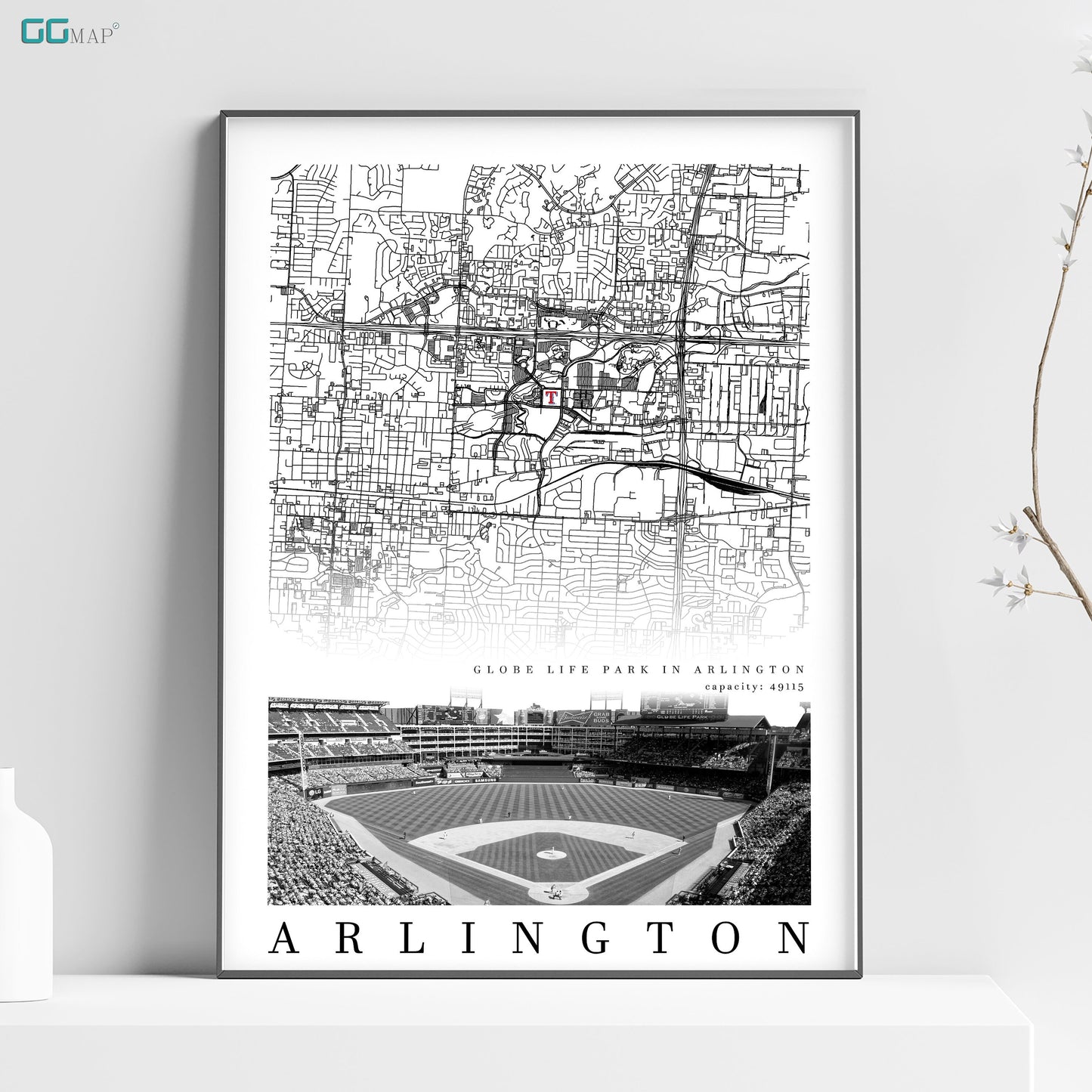 City map of ARLINGTON - Home Decor Arlington - Globe Life Park in Arlington wall decor - Arlington poster - Print map - Texas Rangers