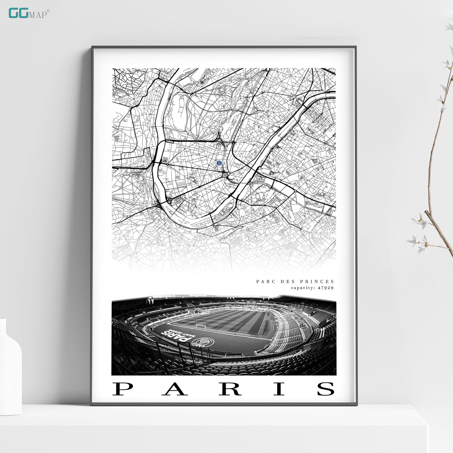 City map of PARIS - Parc des princes - Home Decor Parc des princes - Wall decor - Paris stadium - Parc des princes gift - Print map