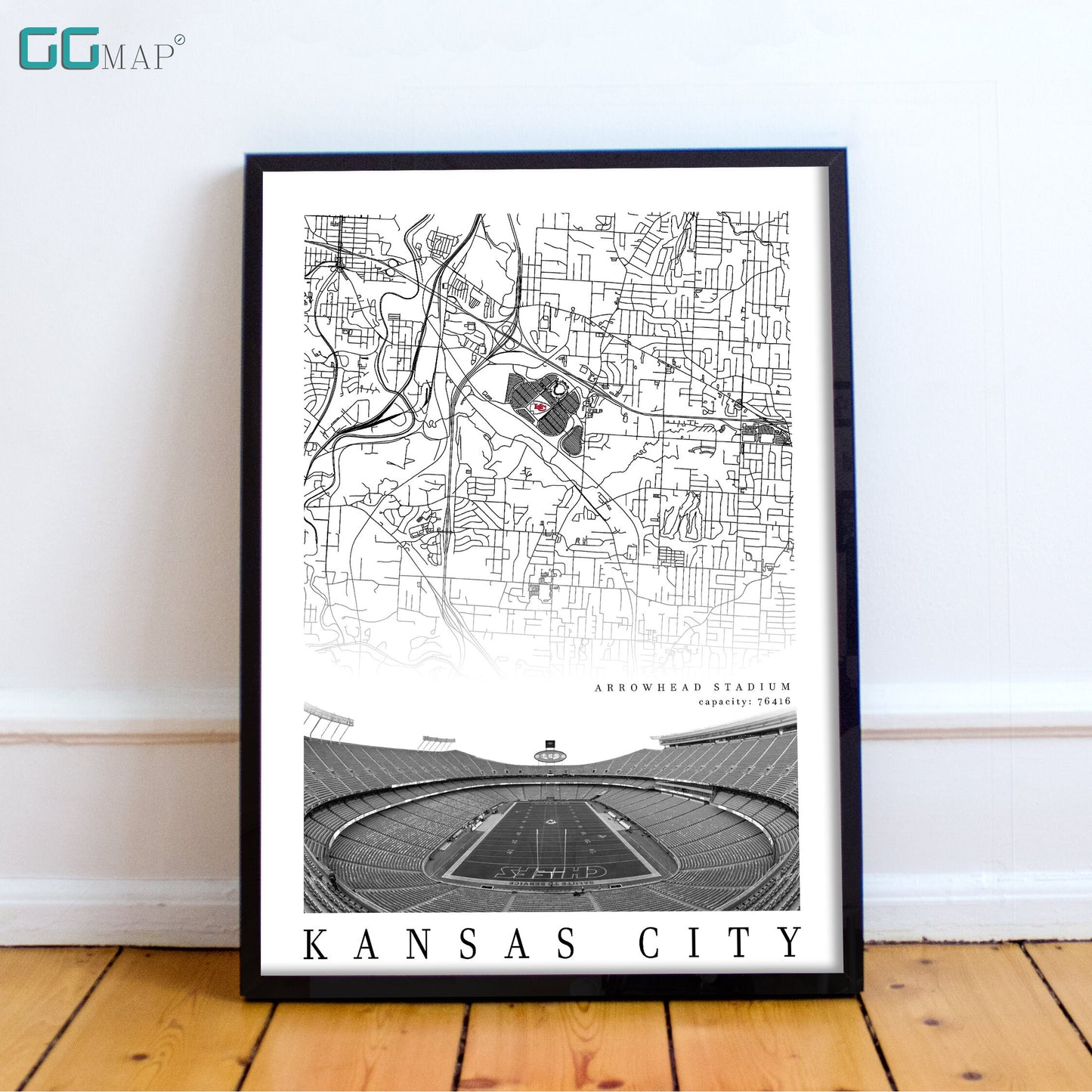 City map of KANSAS CITY - Arrowhead Stadium - Home Decor Kansas City - Kansas wall decor - Kansas Chiefs poster - Print map -