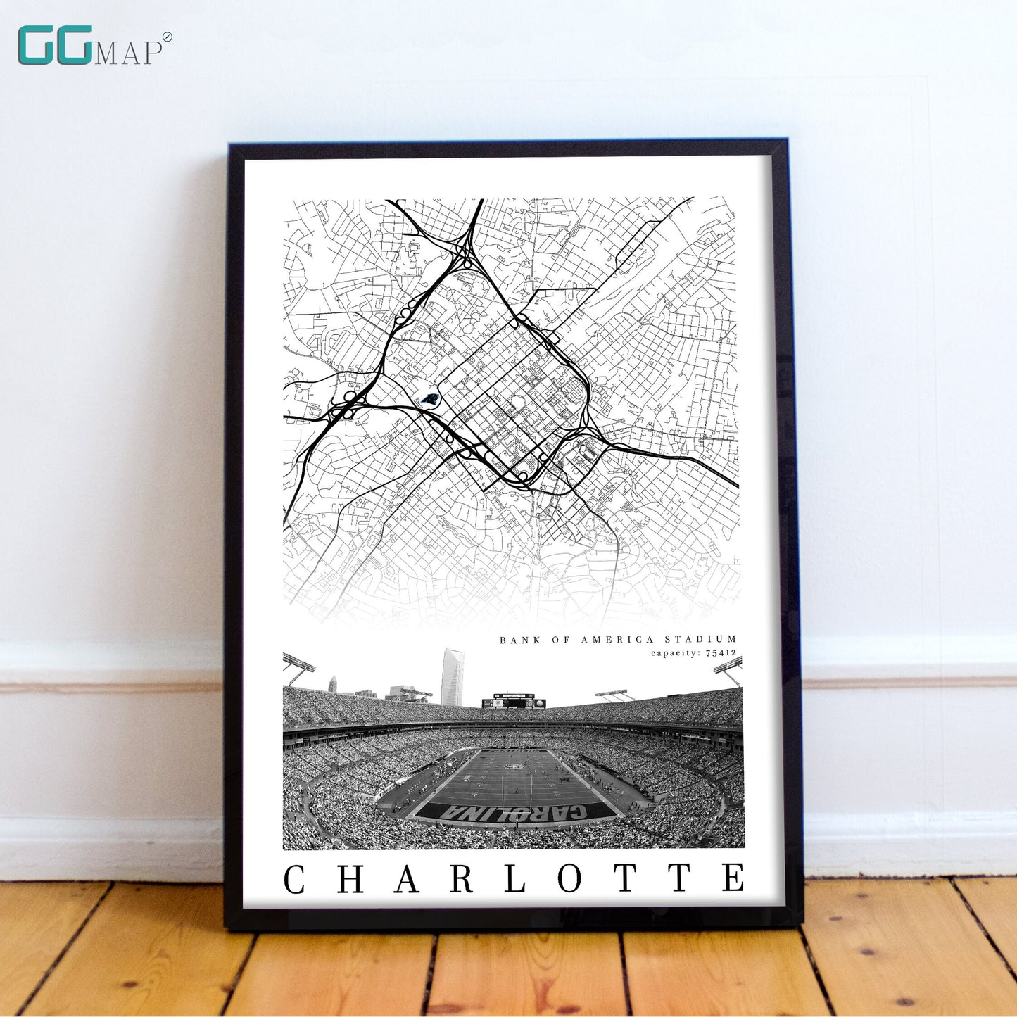 City map of CHARLOTTE - Bank of America Stadium - Home Decor Charlotte - Charlotte wall decor - Carolina panthers poster - Print map -