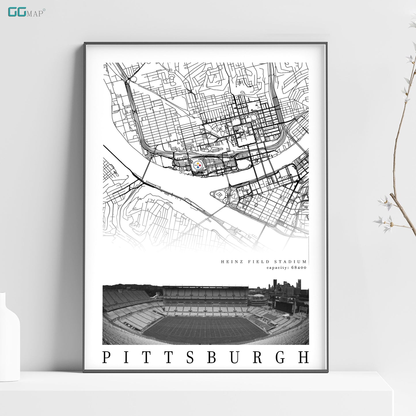 City map of PITTSBURGH -  Heinz Field Stadium - Home Decor Pittsburgh - Pittsburgh decor - Pittsburgh Steelers poster - Print map -