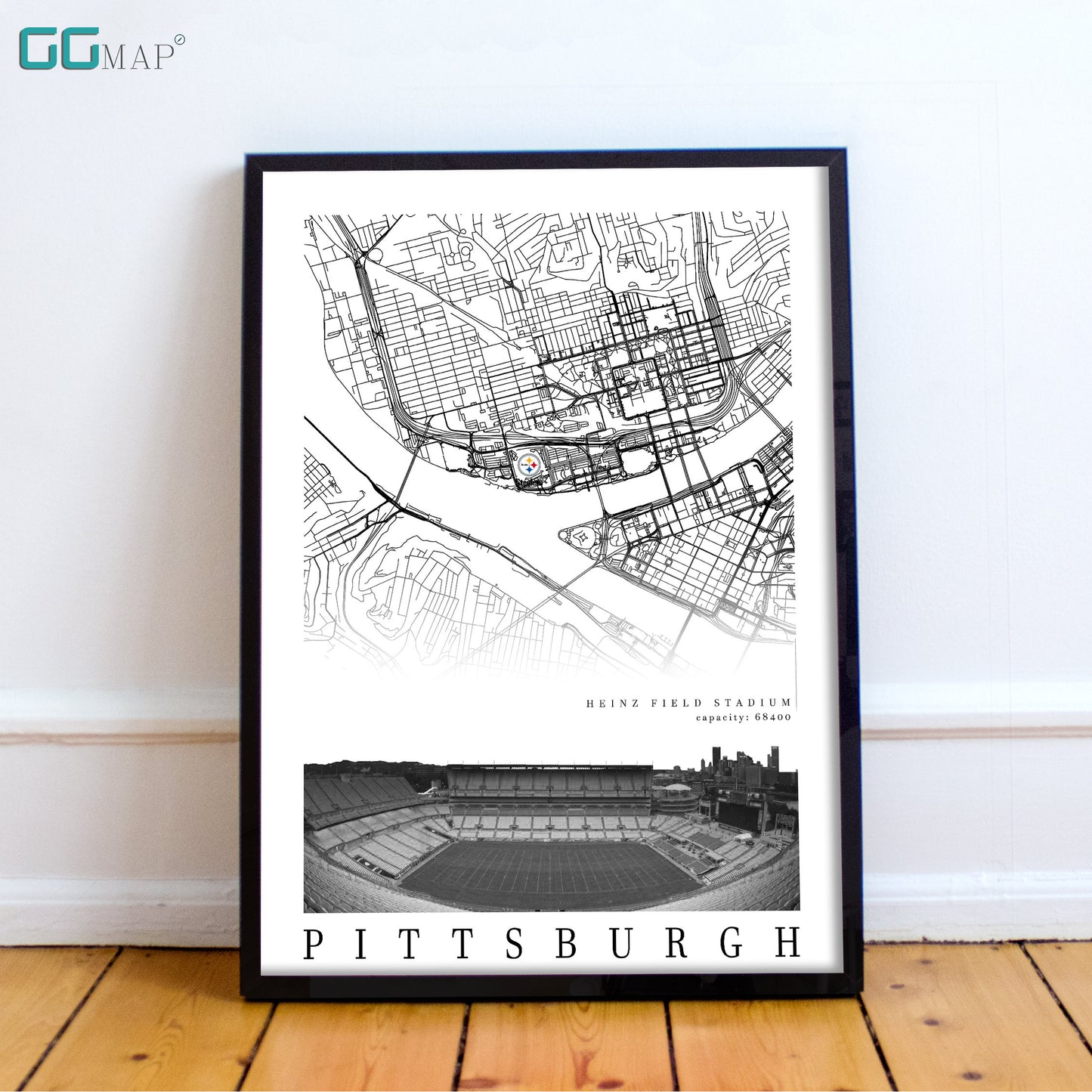 City map of PITTSBURGH -  Heinz Field Stadium - Home Decor Pittsburgh - Pittsburgh decor - Pittsburgh Steelers poster - Print map -