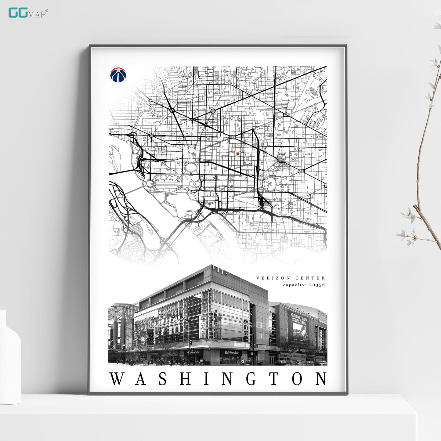 City map of WASHINGTON - Verizon Center - Home Decor Washington - Verizon Center wall decor - Washington poster - Print map