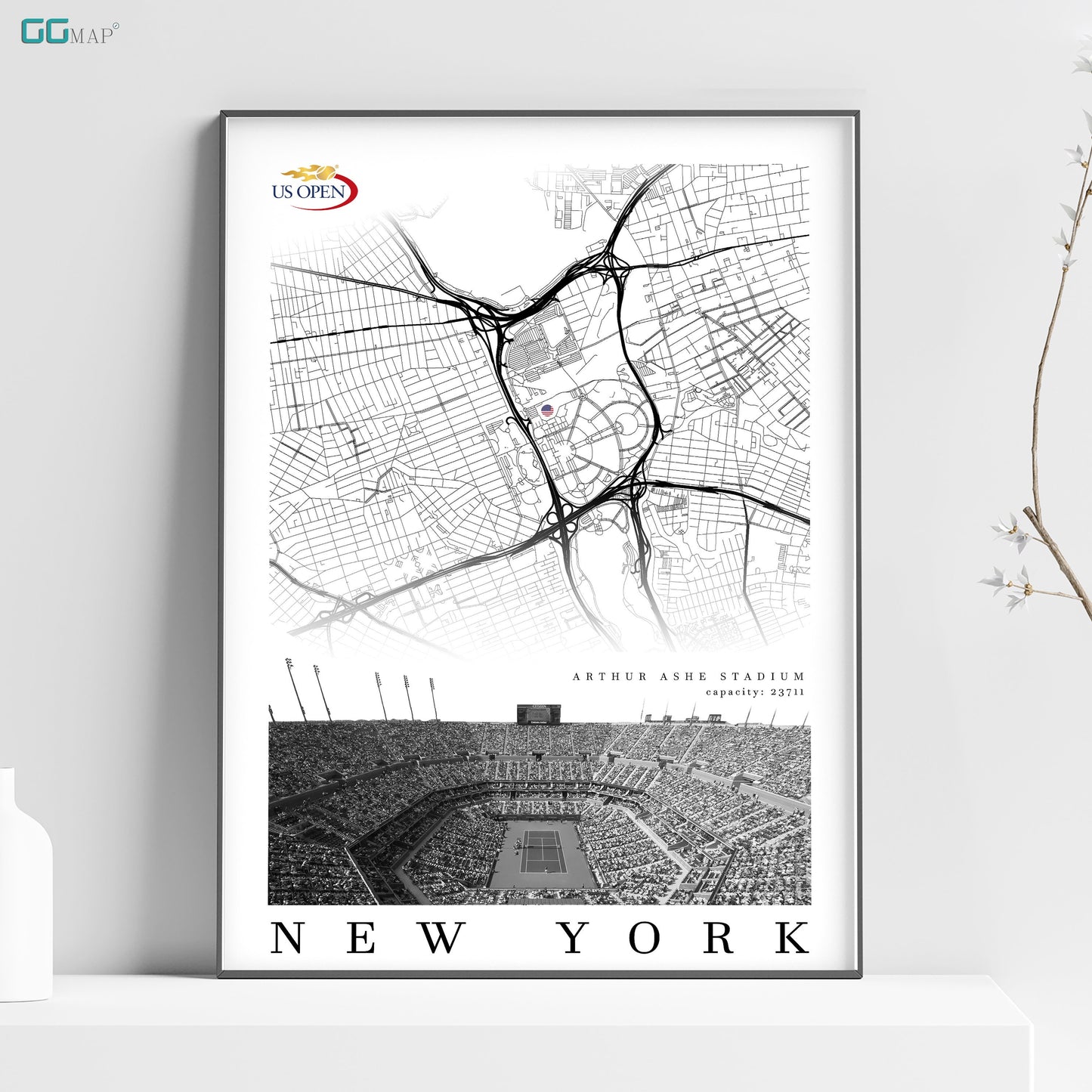 City map of NEW YORK - Arthur Ashe Stadium - Home Decor US open - Wall decor Arthur Ashe Stadium - Arthur Ashe Stadium gift - Print map