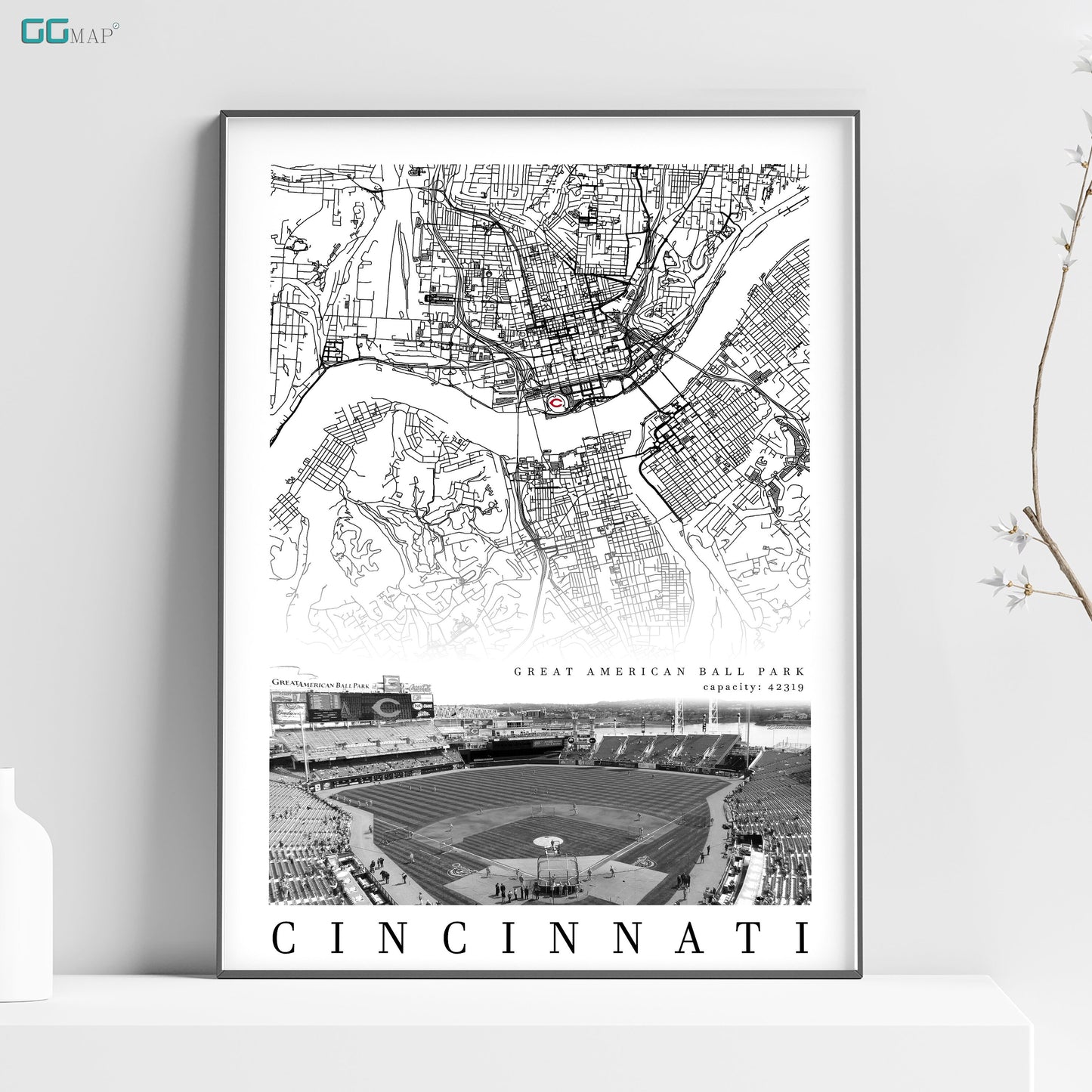 City map of CINCINNATI - Home Decor Cincinnati - Great American Ball Park wall decor - Cincinnati poster - Cincinnati Reds - Print map