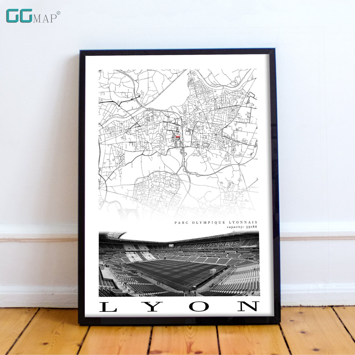 City map of LYON - Parc Olympique Lyonnais Stadium - Home Decor Parc Olympique Lyonnais - Parc Olympique Lyonnais gift - Print map