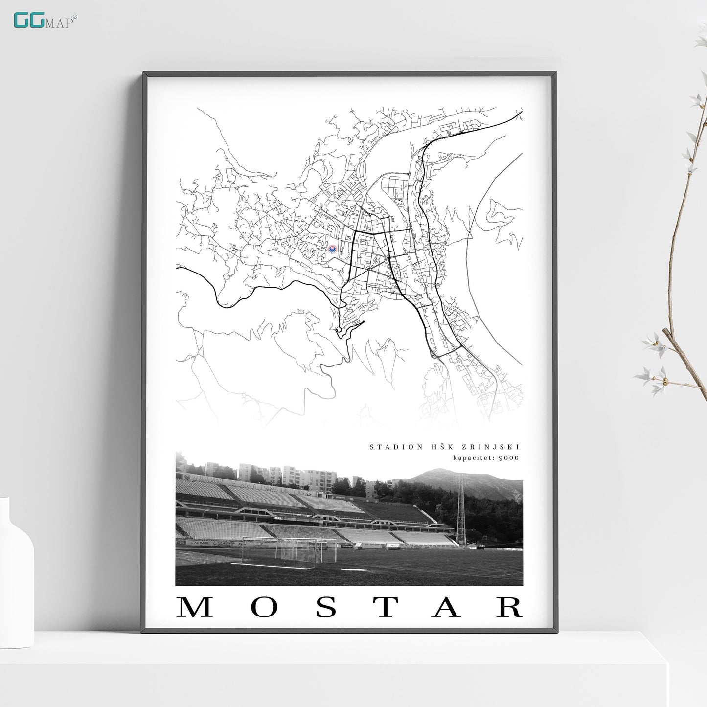 City map of MOSTAR - HŠK Zrinjski Stadium - Home Decor Mostar - Mostar wall decor - Mostar stadium - Mostar gift - Print map