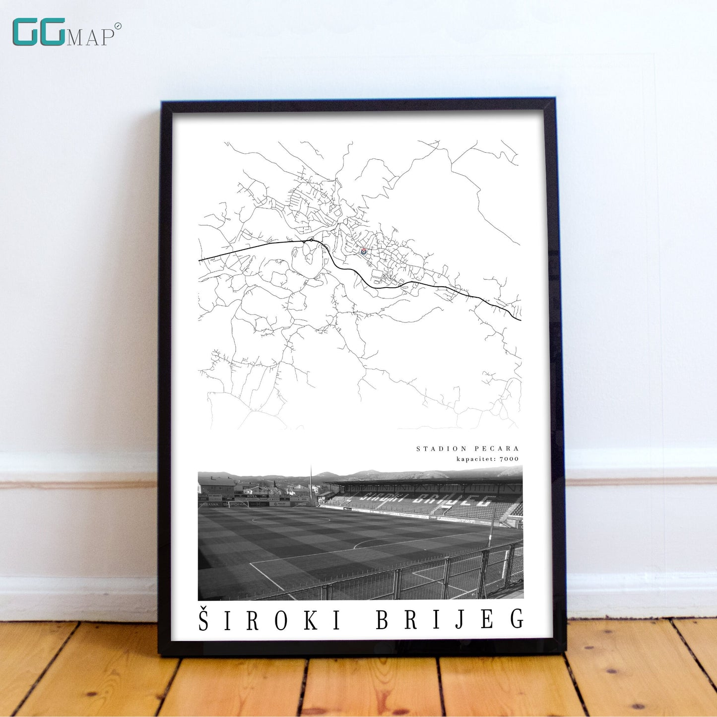 City map of ŠIROKI BRIJEG - Stadium Pecara - Home Decor Široki Brijeg - Siroki Brijeg stadium - Siroki Brijeg gift - Print map