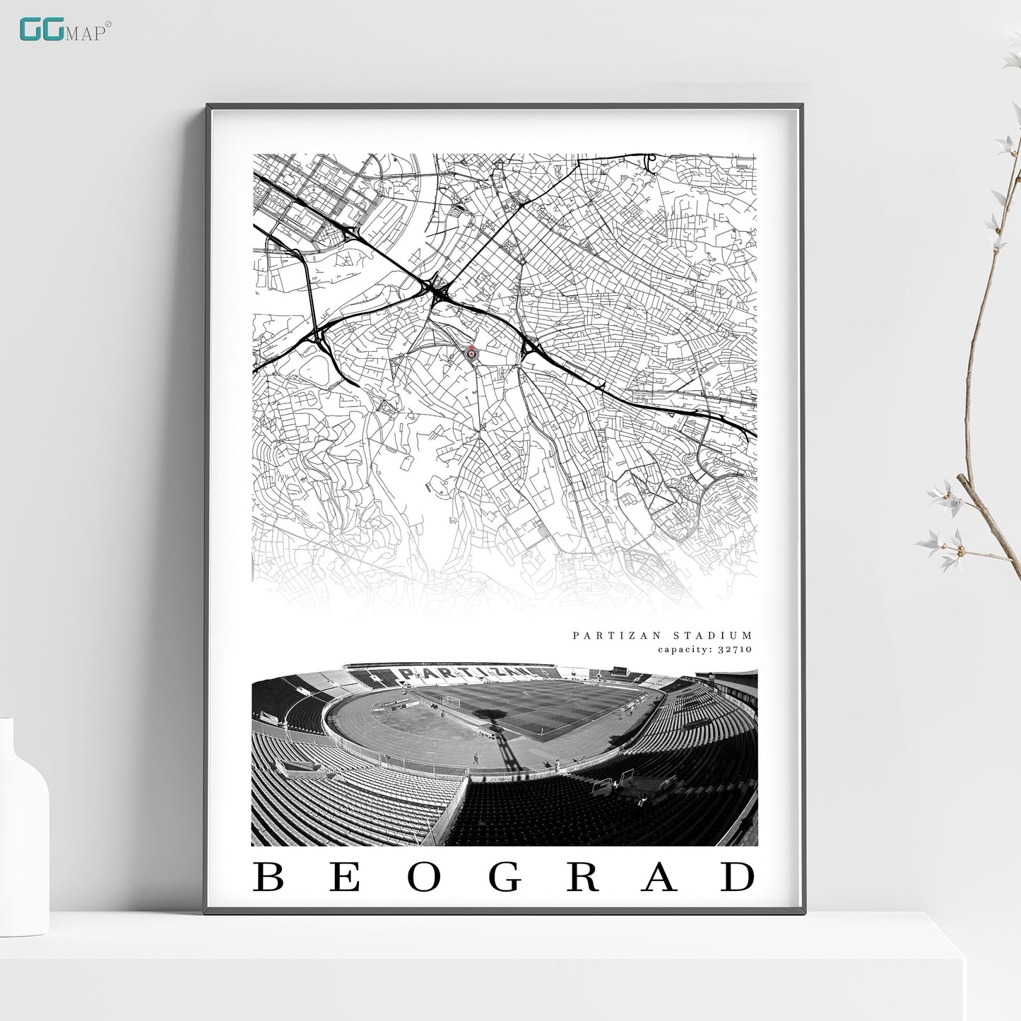 City map of BEOGRAD - Partizan Stadium - Home Decor Partizan Stadium - Wall decor Partizan Stadium - Print map