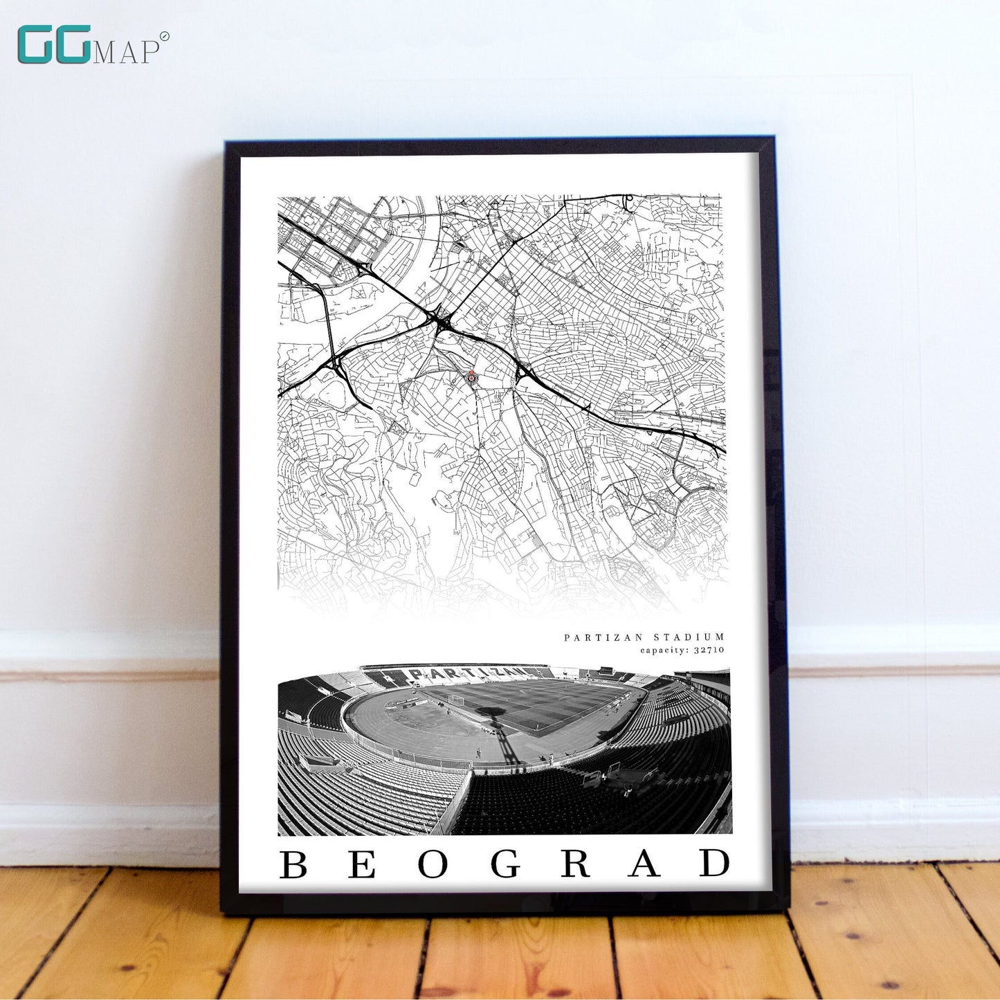 City map of BEOGRAD - Partizan Stadium - Home Decor Partizan Stadium - Wall decor Partizan Stadium - Print map