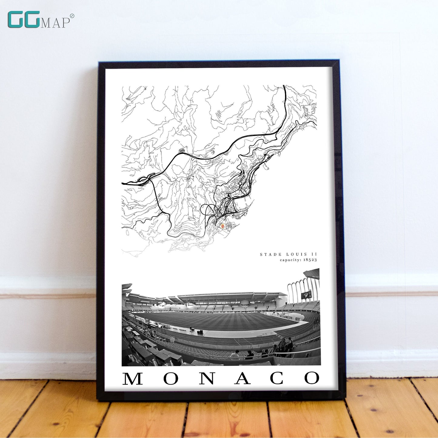 City map of MONACO - Stade Louis II - Home Decor Stade Louis II - Wall decor Stade Louis - Monaco gift - Print map