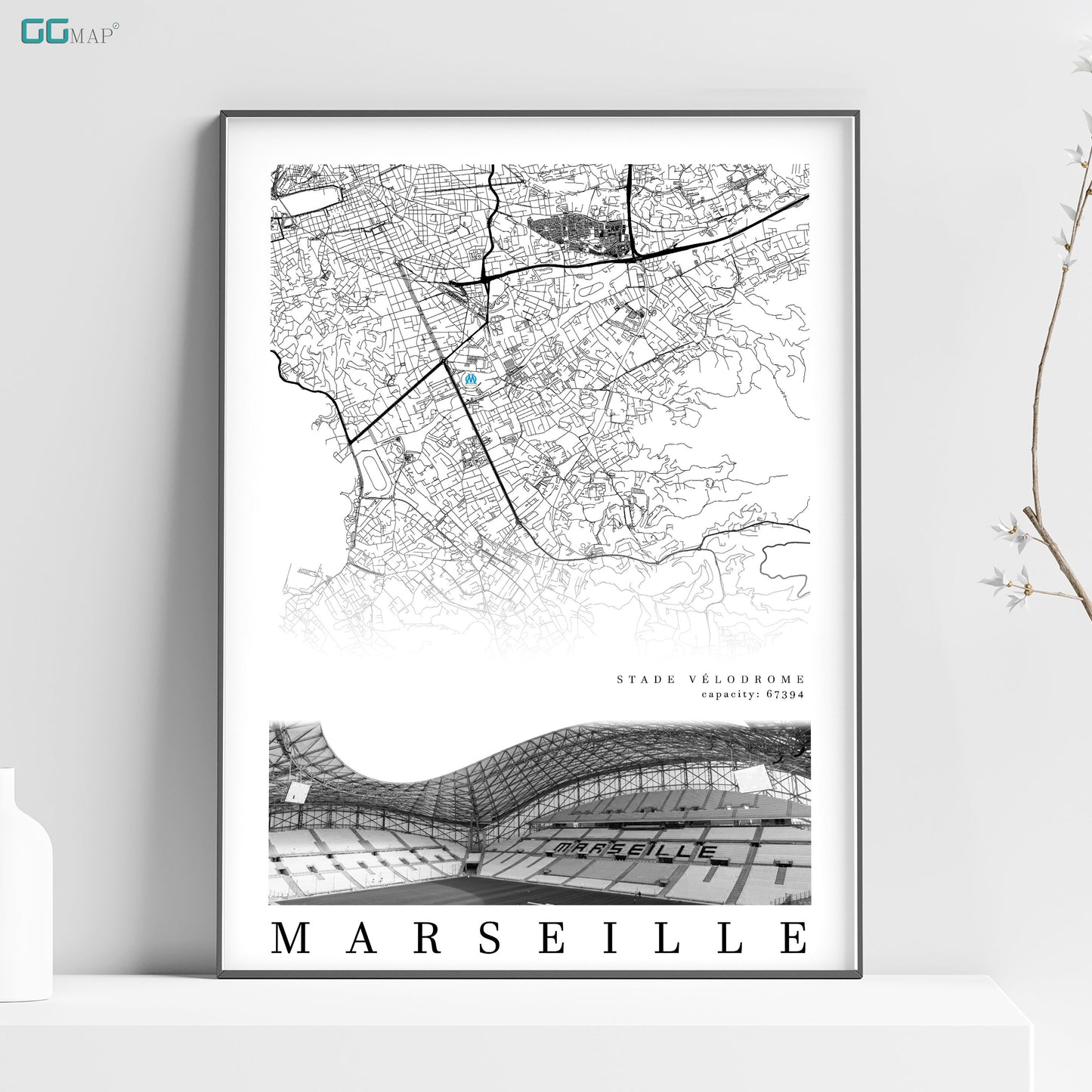 City map of MARSEILLE Stadium- Stade Vlodrome - Home Decor Stade Vlodrome - Wall decor Stade Vlodrome - Stade Vlodrome gift - Print map