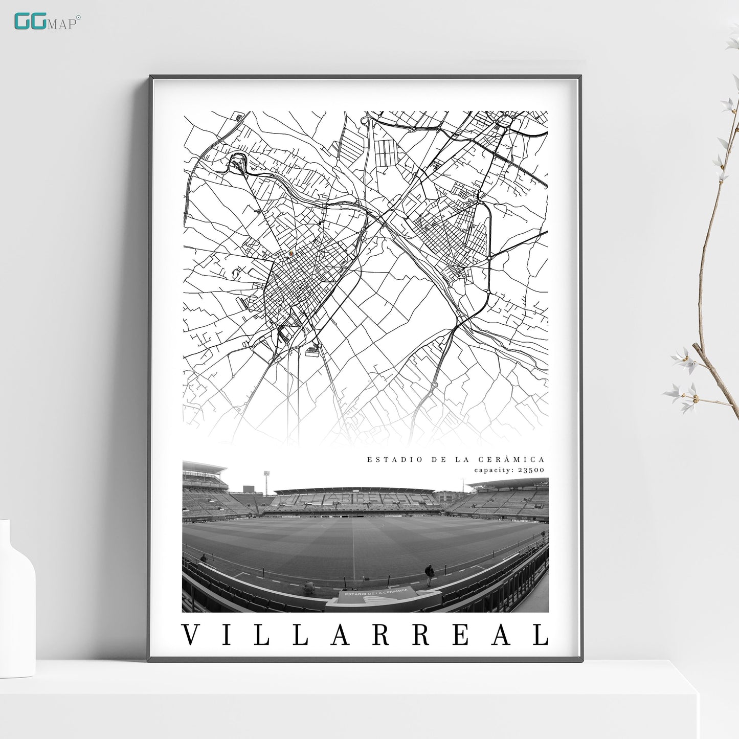 City map of VILLARREAL - Estadio El Madrigal - Home Decor Estadio El Madrigal - Estadio de la Cerámica - Villarreal gift - Print map- GG Map