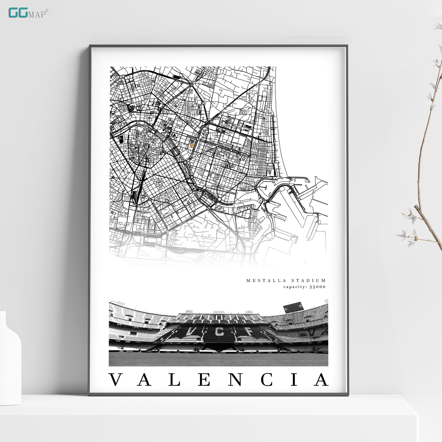 City map of VALENCIA - Mestalla Stadium - Home Decor Mestalla - Wall decor - Estadio Mestalla - Valencia gift - Print map - GG Map