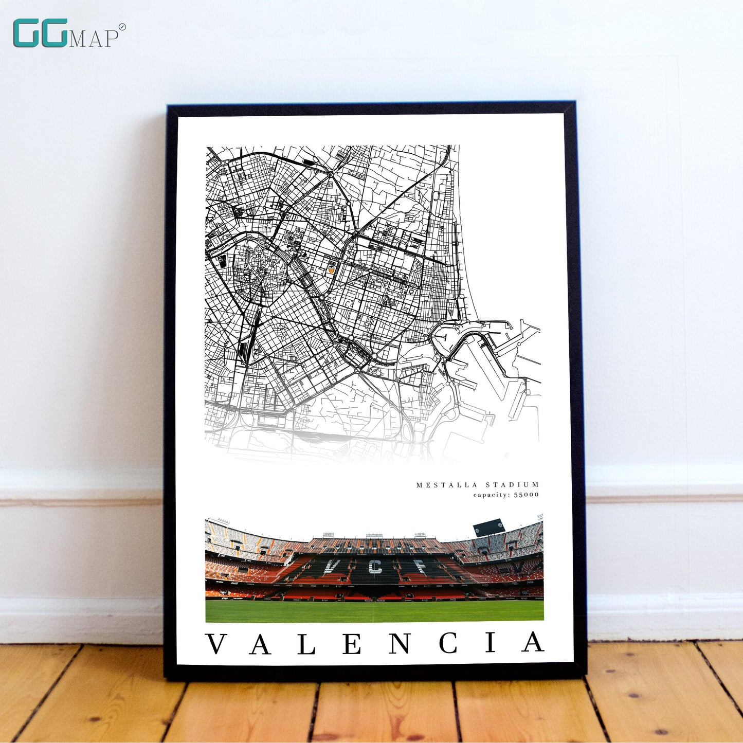 City map of VALENCIA - Mestalla Stadium - Home Decor Mestalla - Wall decor - Estadio Mestalla - Valencia gift - Print map - GG Map