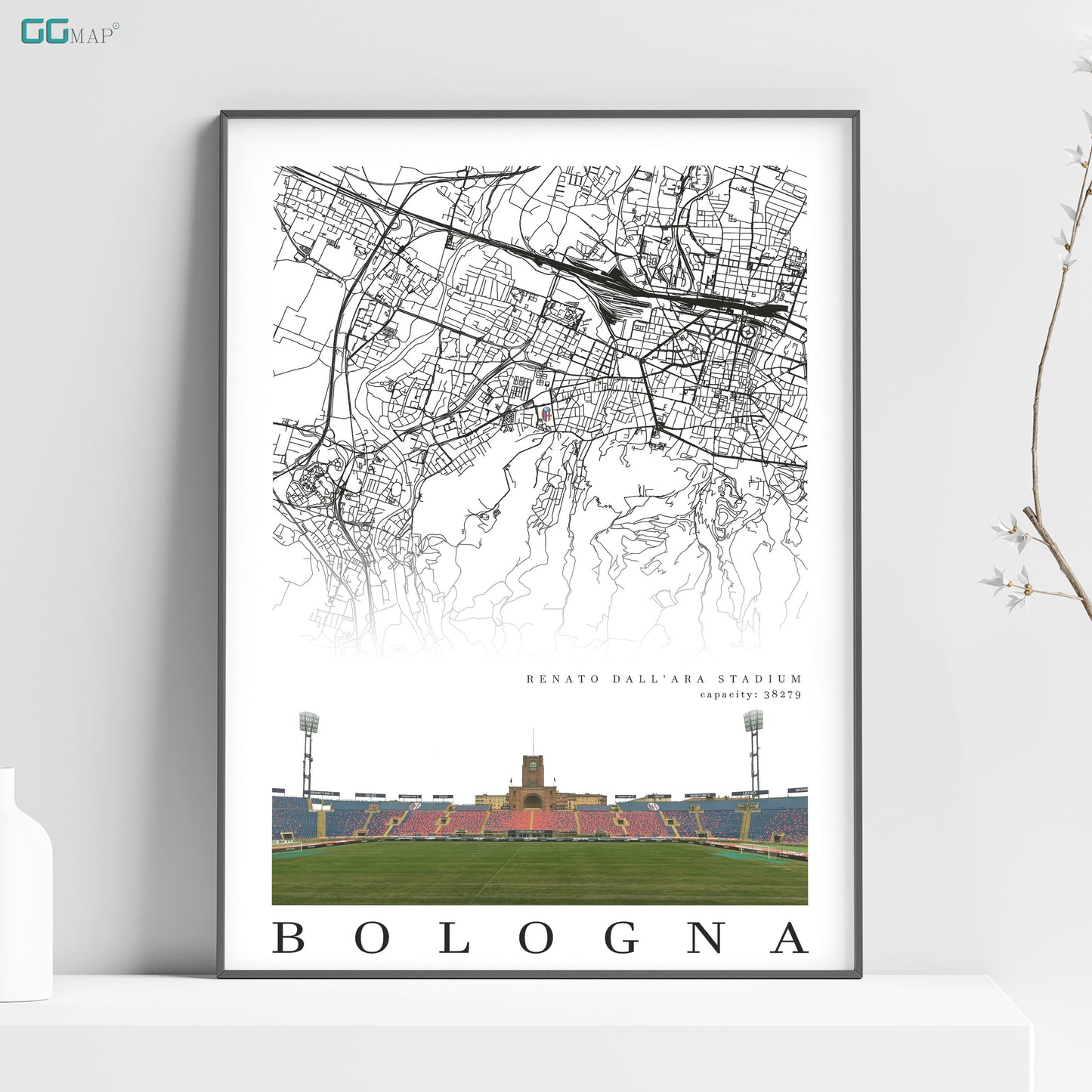 City map of Bologna - BOLOGNA FC - Renato Dall'Ara Stadium - Home Decor Bologna - Renato Dall'Ara Stadium gift - Bologna map -
