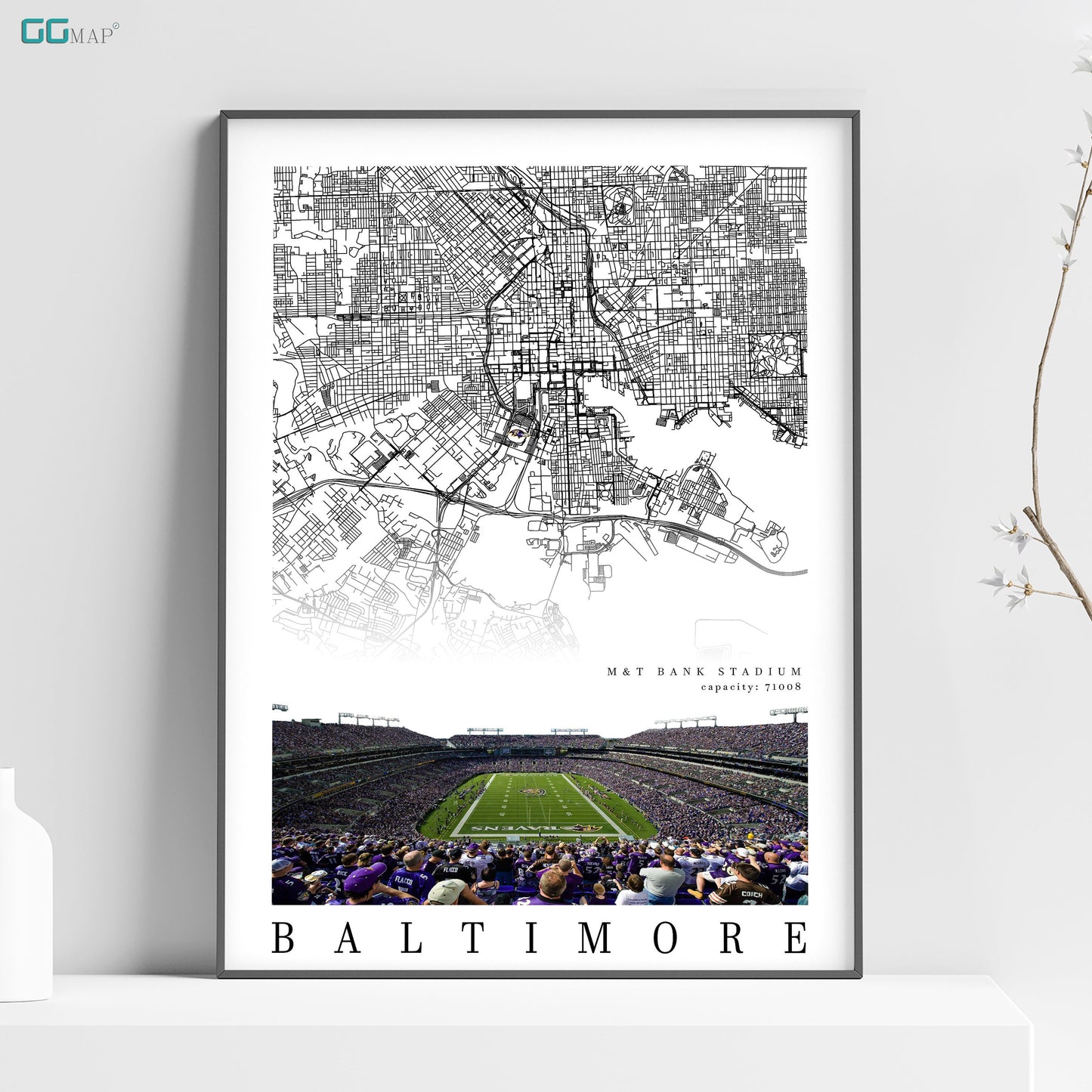 a poster of a football stadium with a map of baltimore