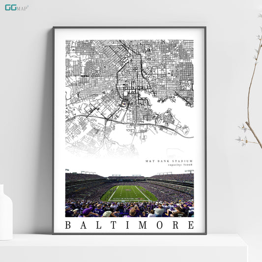 City map of BALTIMORE - M&T Bank Stadium - Home Decor Baltimore Ravens - Baltimore wall decor - Baltimore poster - Print map -