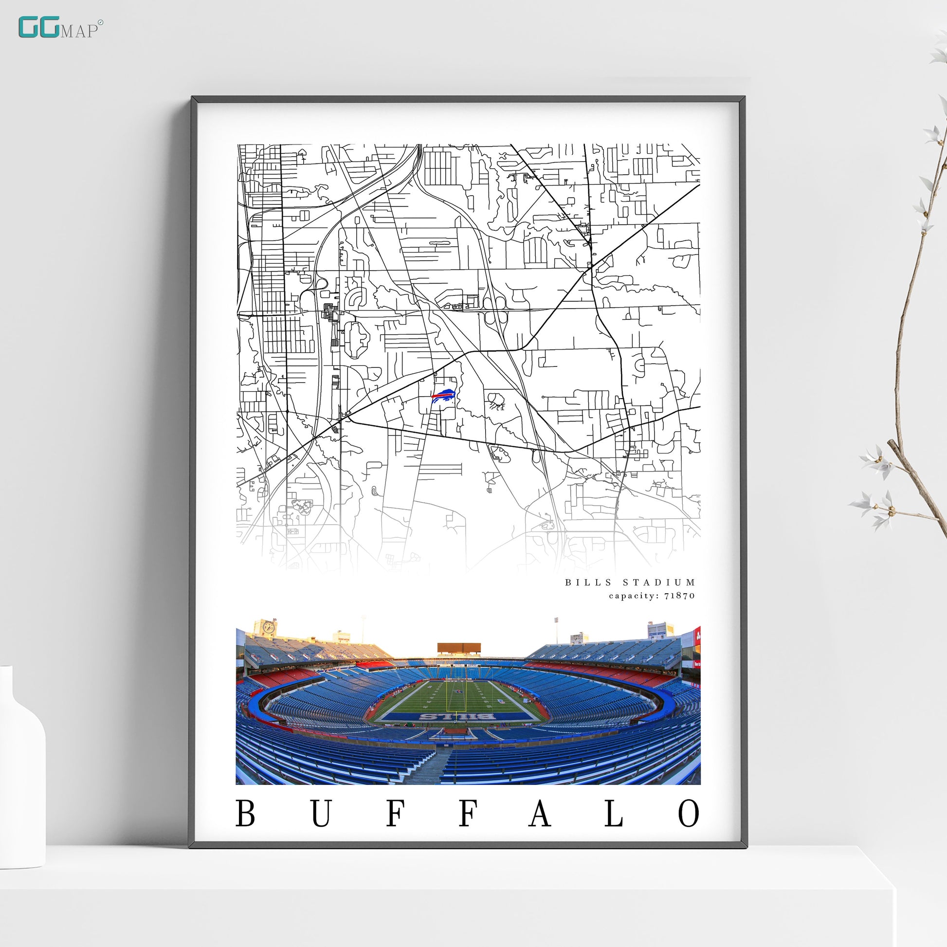 a poster of a stadium with a map of buffalo