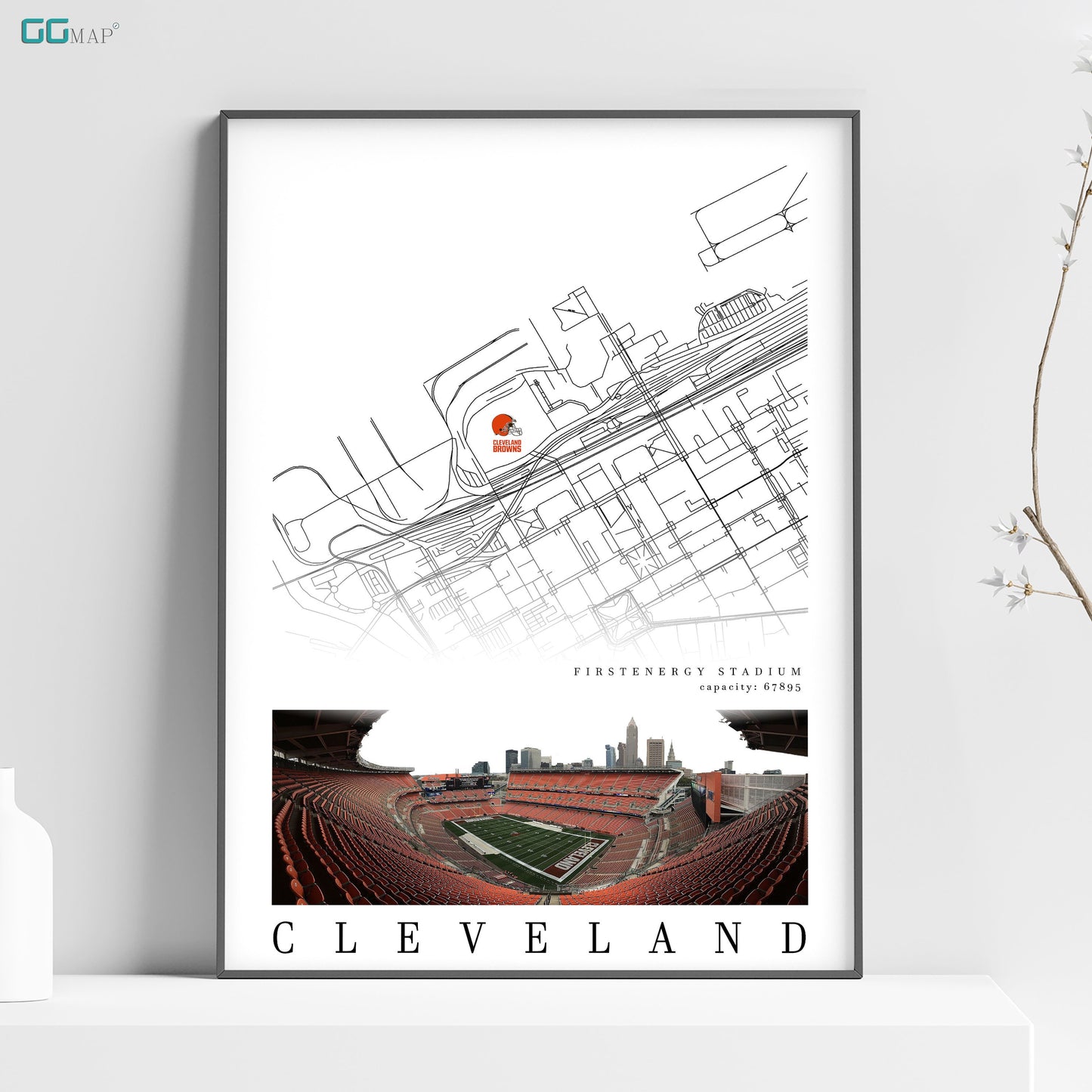 a poster of a stadium with a map of cleveland