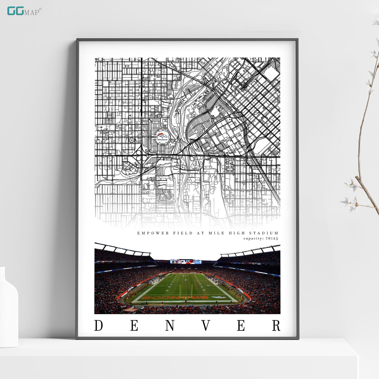 a poster of a football stadium with a map of denver