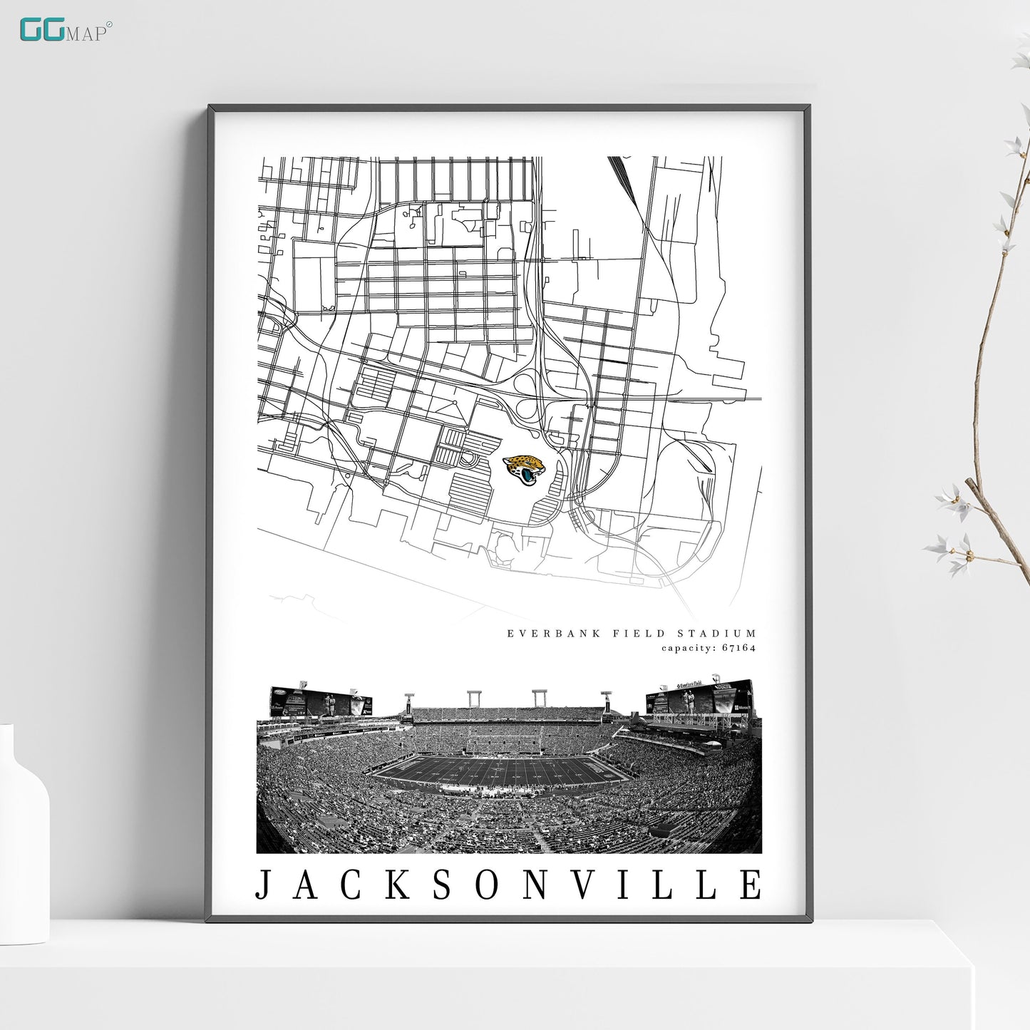 City map of JACKSONVILLE - Everbank Field Stadium - Home Decor Jacksonville Jaguars - Jacksonville Jaguars wall decor - Print map -