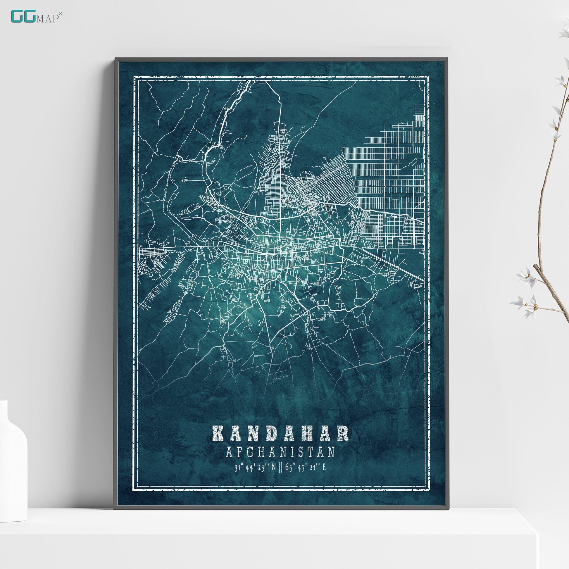 a poster of a city map on a shelf