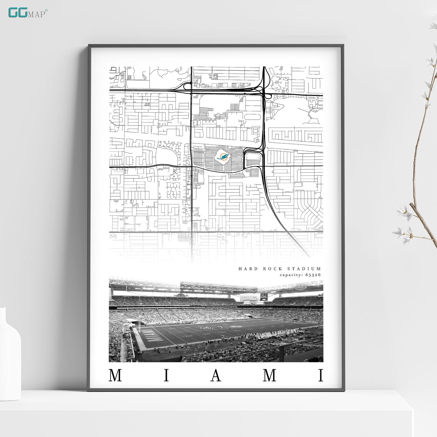 City map of MIAMI -Hard Rock Stadium - Home Decor Miami - Miami Dolphins decor - Miami Dolphins poster - Hard Rock poster - Print map -