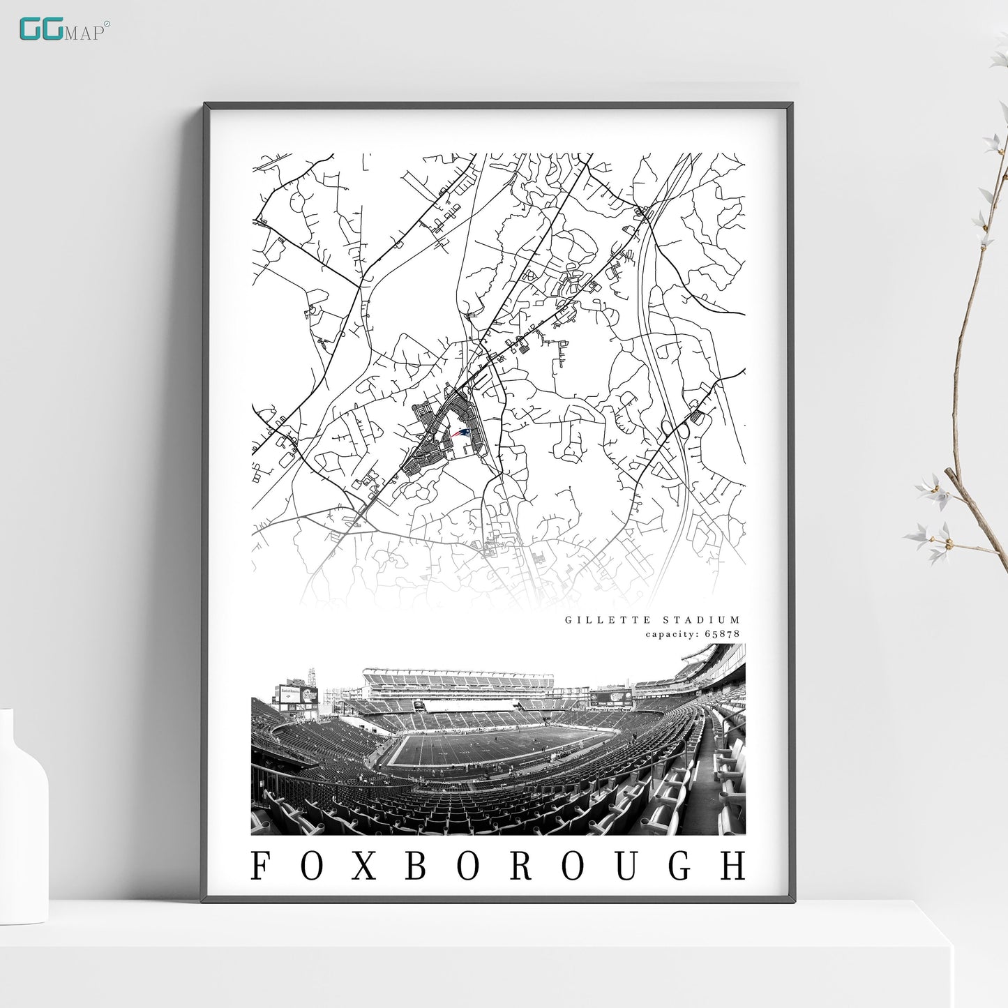 City map of FOXBOROUGH - Gillette Stadium - New England Patriots  - Gillette Stadium wall decor - Foxborough poster - Print map -