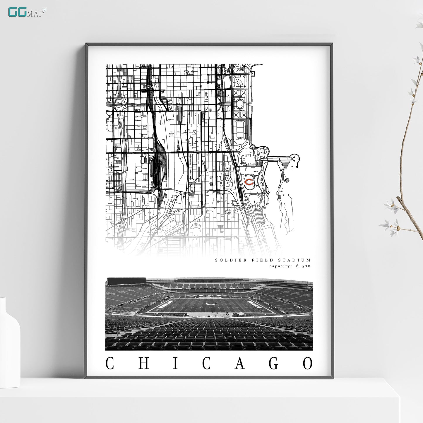 City map of CHICAGO - Soldier Field Stadium poster - Home Decor Chicago Bears - Chicago Bears wall decor - Print map - Gift -