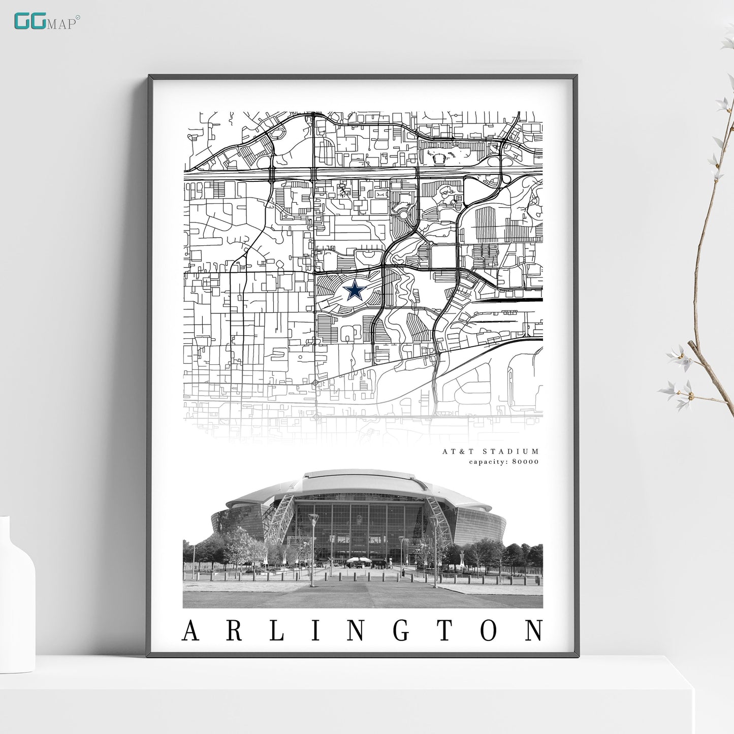 City map of ARLINGTON -  AT&T Stadium poster - Home Decor Dallas Cowboys - Arlington poster -Dallas gift - Print map -