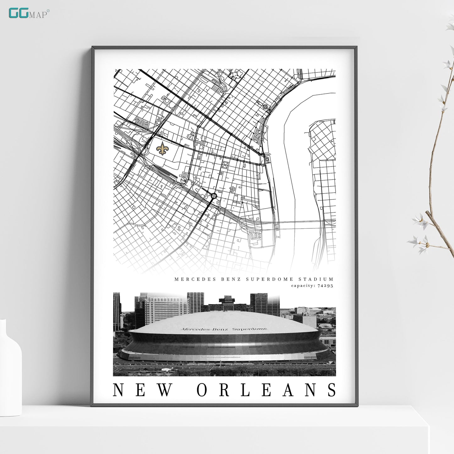 City map of NEW ORLEANS - Superdome Stadium poster - Home Decor New Orleans - Orleans Saints poster - NFL poster - Print map - Gift -