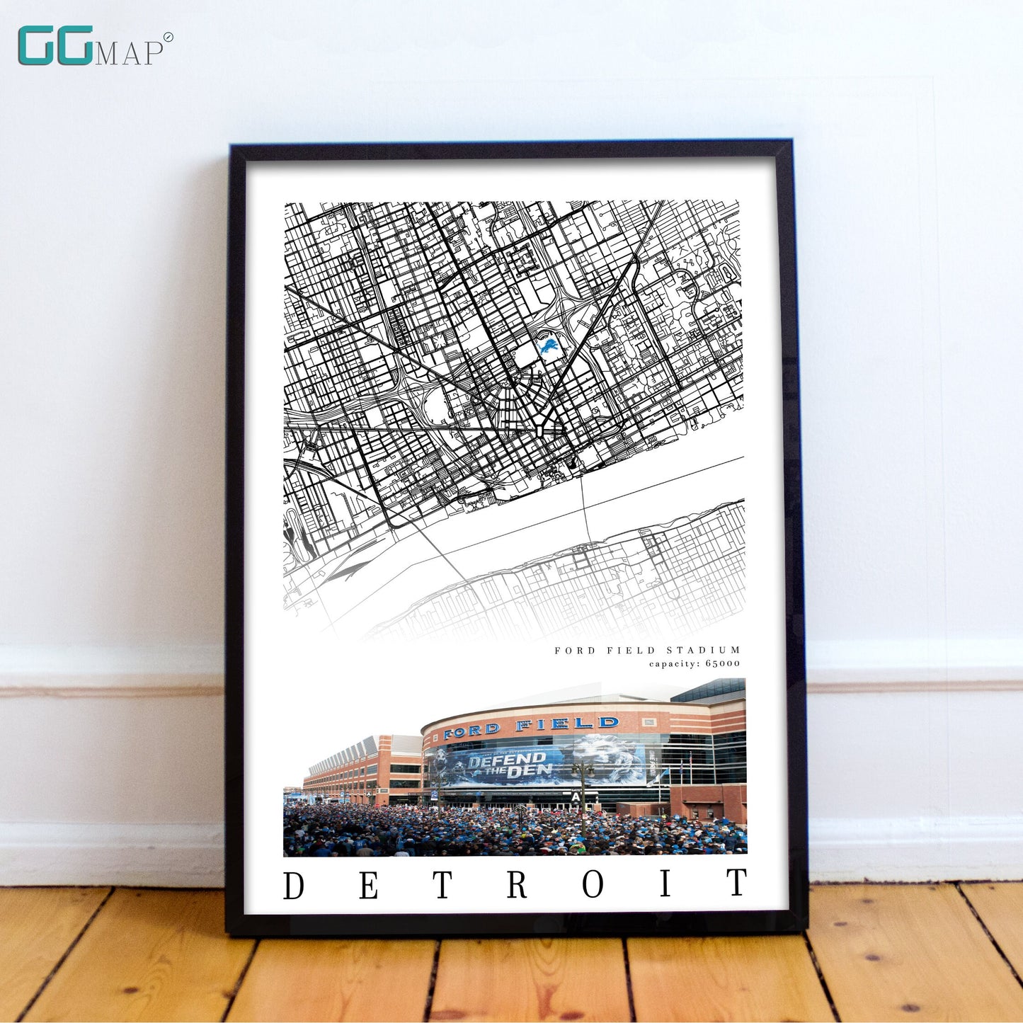 City map of DETROIT - Ford Field Stadium - Home Decor Detroit - Detroit decor - Detroit Lions poster - Ford Field poster - Print map -