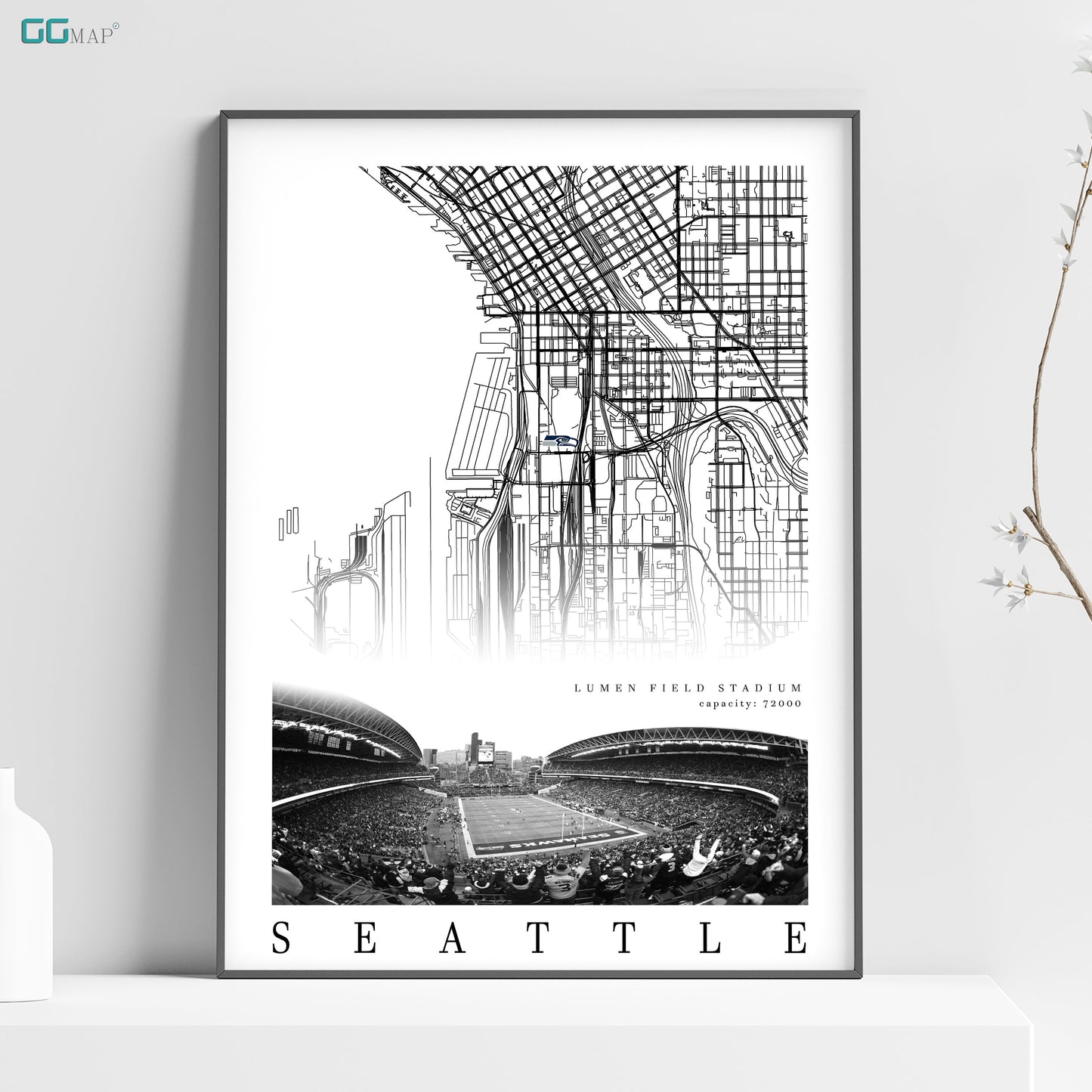 City map of SEATTLE - Lumen Field Stadium - Seattle Seahawks gift - Lumen Field Stadium wall decor - Seattle poster - Print map -