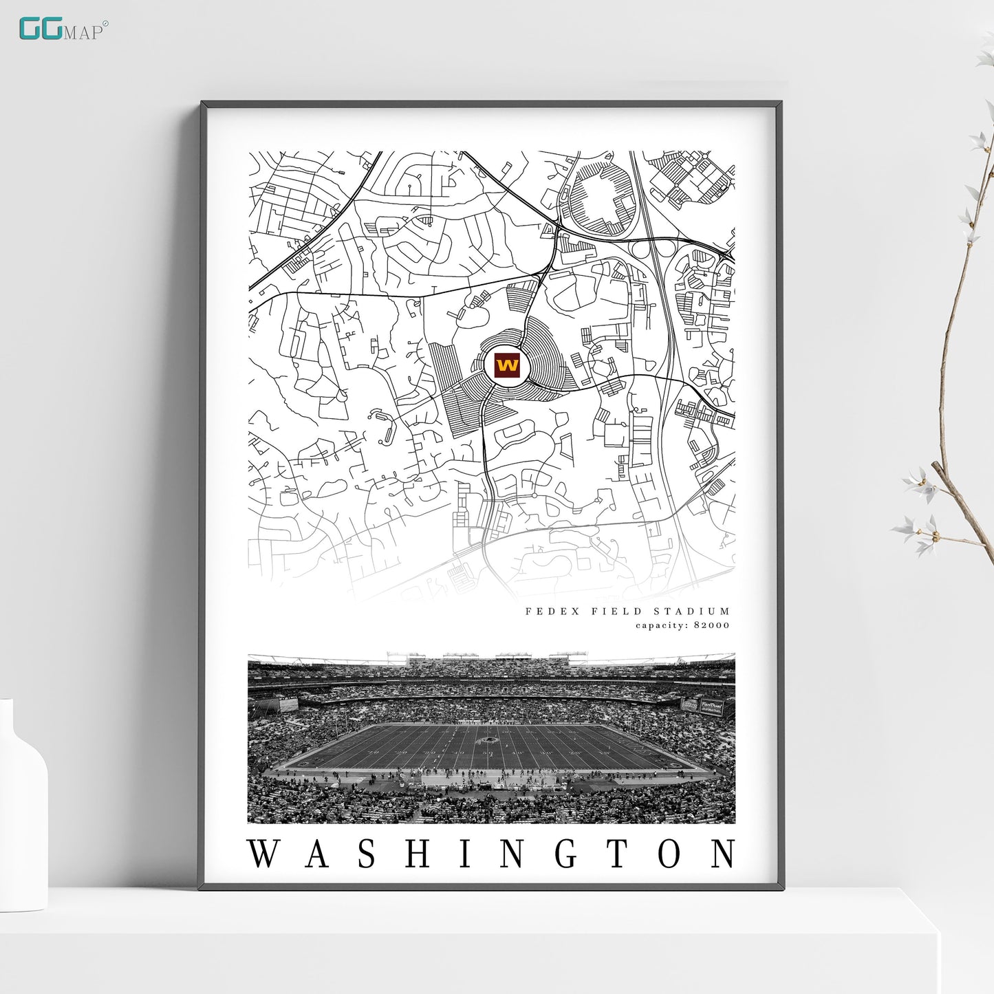 City map of WASHINGTON - Fedex Field Stadium poster - Home Decor Washington - Washington poster - Fedex Field poster - Print map -