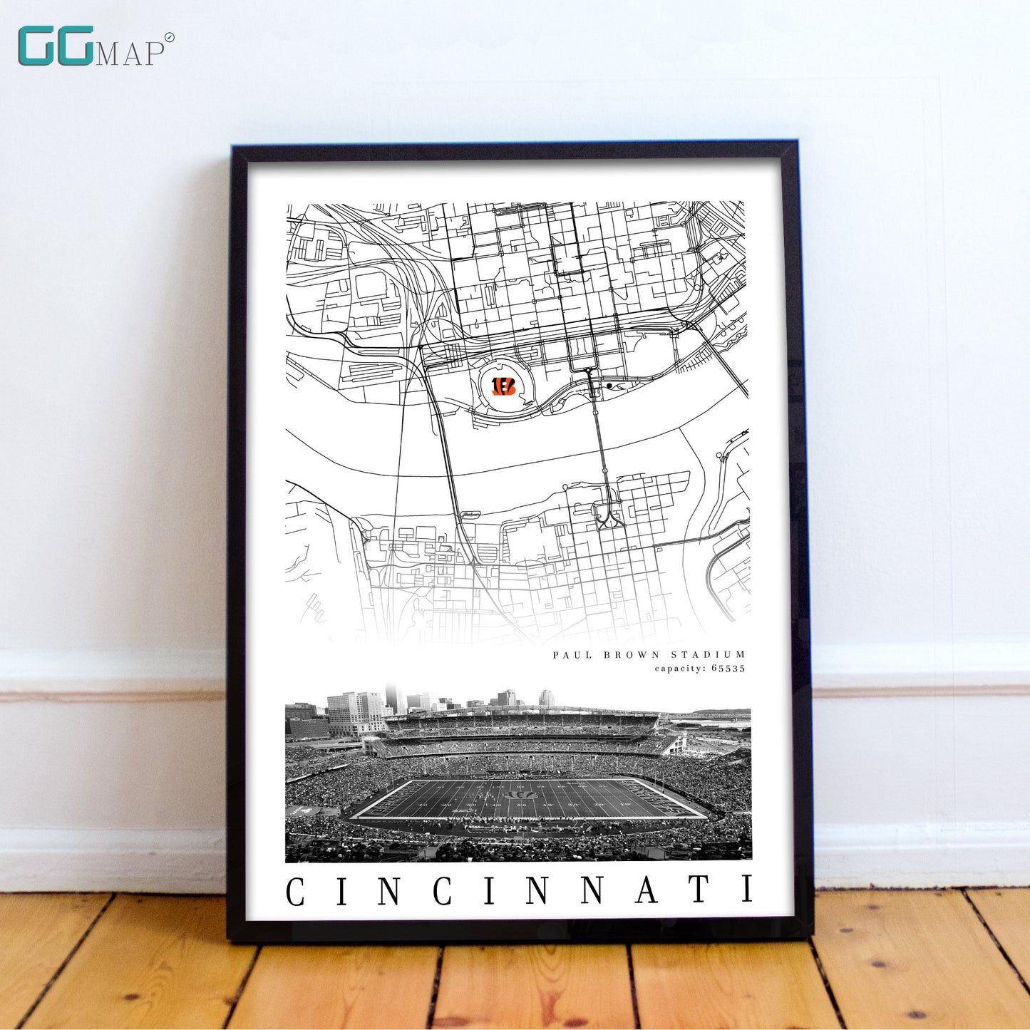 City map of CINCINNATI -  Paul Brown Stadium - Home Decor Cincinnati - Cincinnati decor - Cincinnati poster - Print map -