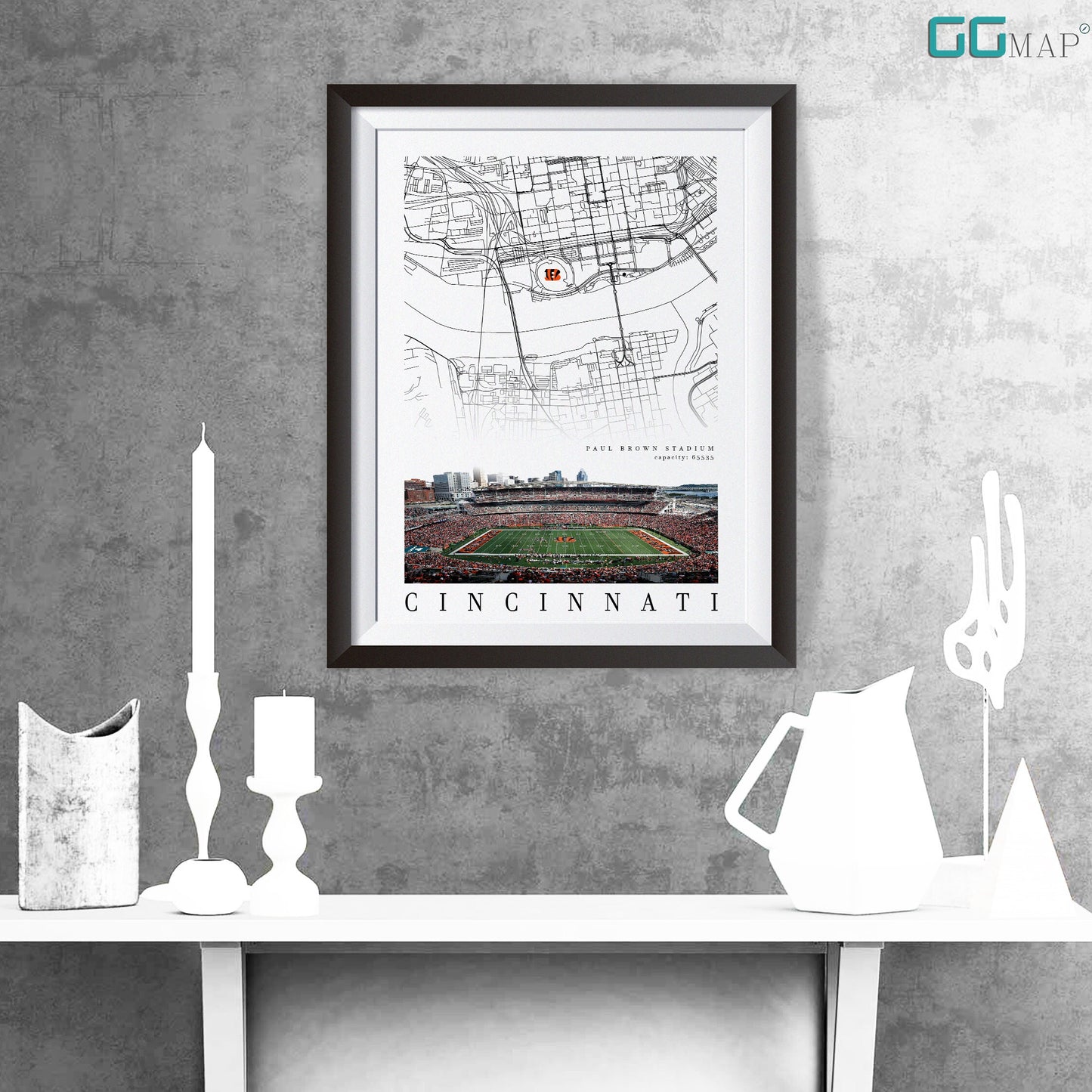 City map of CINCINNATI -  Paul Brown Stadium - Home Decor Cincinnati - Cincinnati decor - Cincinnati poster - Print map -