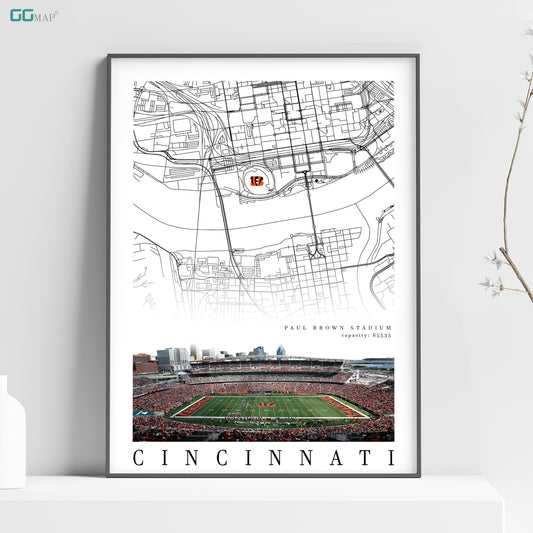 City map of CINCINNATI -  Paul Brown Stadium - Home Decor Cincinnati - Cincinnati decor - Cincinnati poster - Print map -