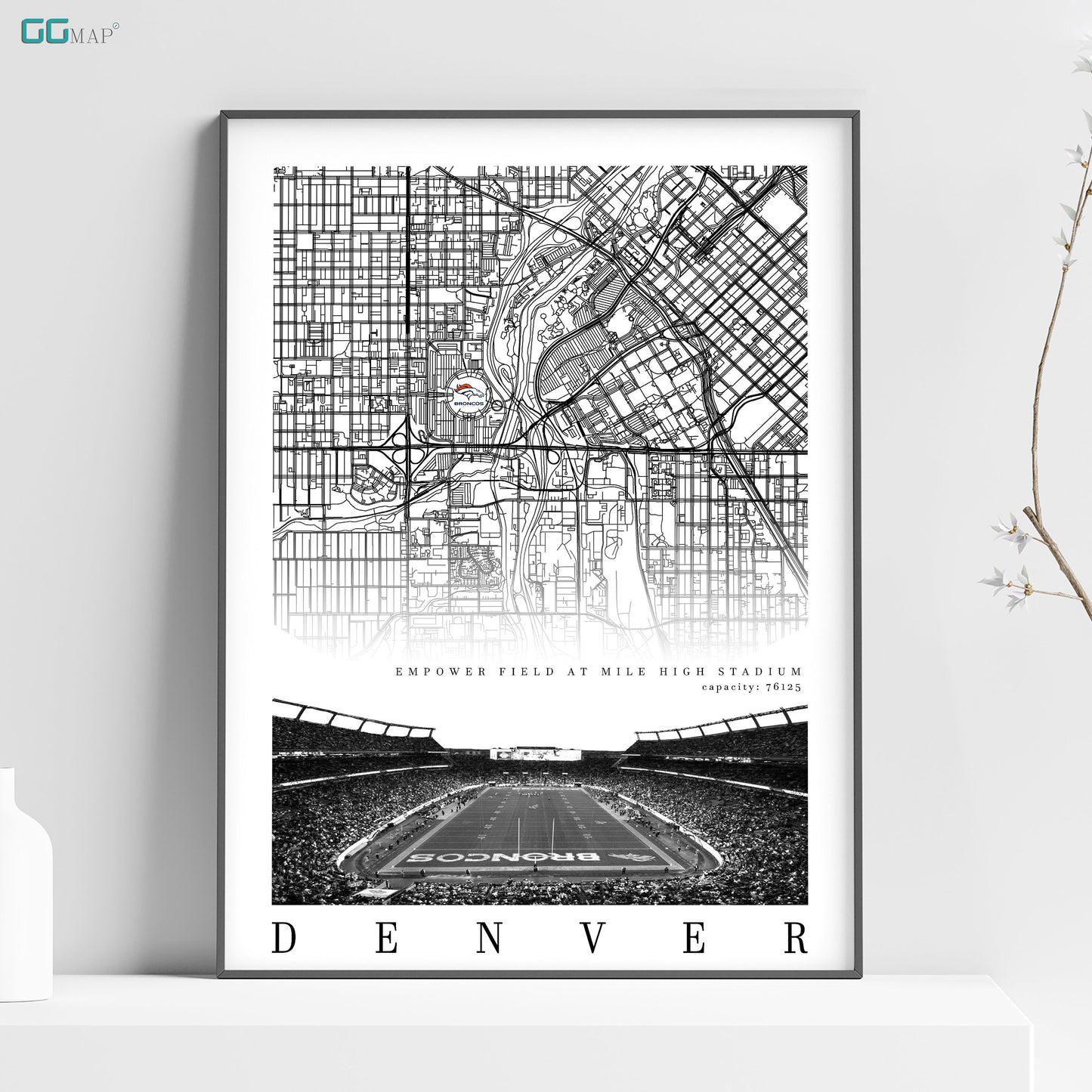 City map of DENVER - Empower Field Stadium - Home Decor Denver Broncos - Empower Field wall decor - Denver Broncos poster - Print map -