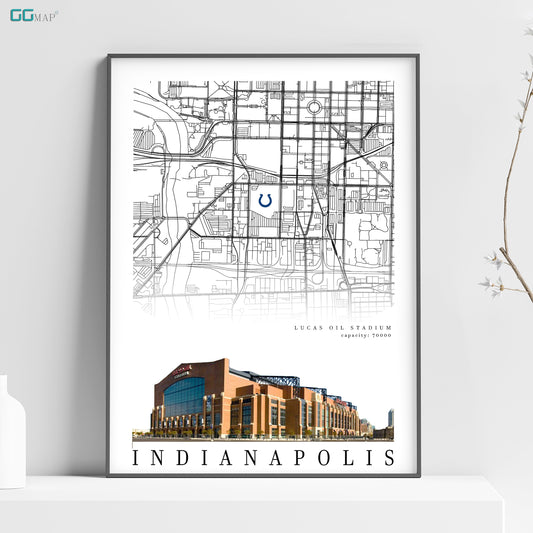 City map of INDIANAPOLIS - Lucas Oil Stadium Stadium - Home Decor Indianapolis - Indianapolis poster - Indianapolis gift - Print map -