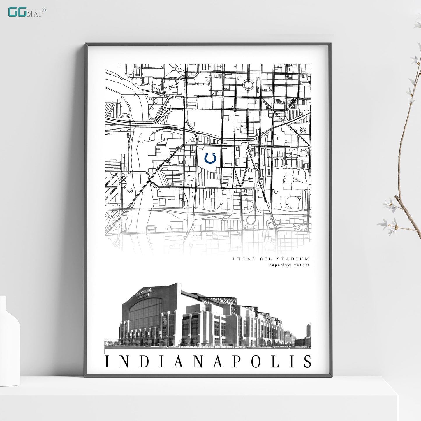 City map of INDIANAPOLIS - Lucas Oil Stadium Stadium - Home Decor Indianapolis - Indianapolis poster - Indianapolis gift - Print map -