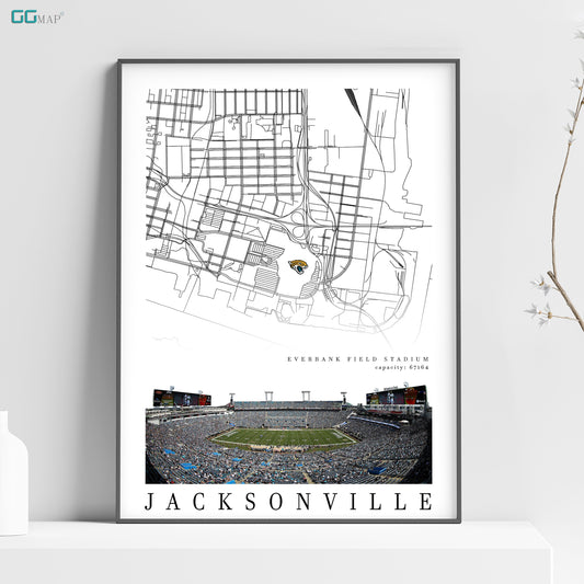 City map of JACKSONVILLE - Everbank Field Stadium - Home Decor Jacksonville Jaguars - Jacksonville Jaguars wall decor - Print map -