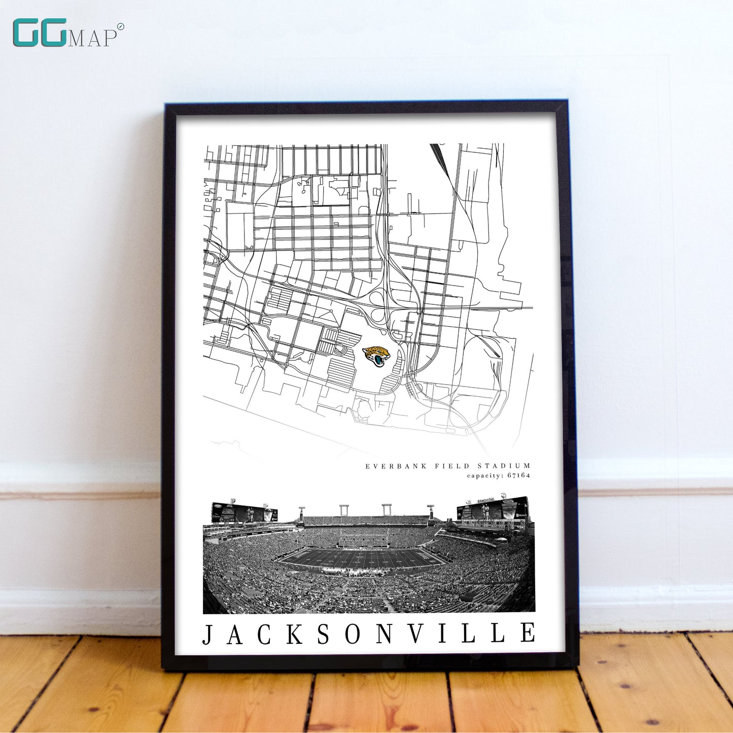 City map of JACKSONVILLE - Everbank Field Stadium - Home Decor Jacksonville Jaguars - Jacksonville Jaguars wall decor - Print map -