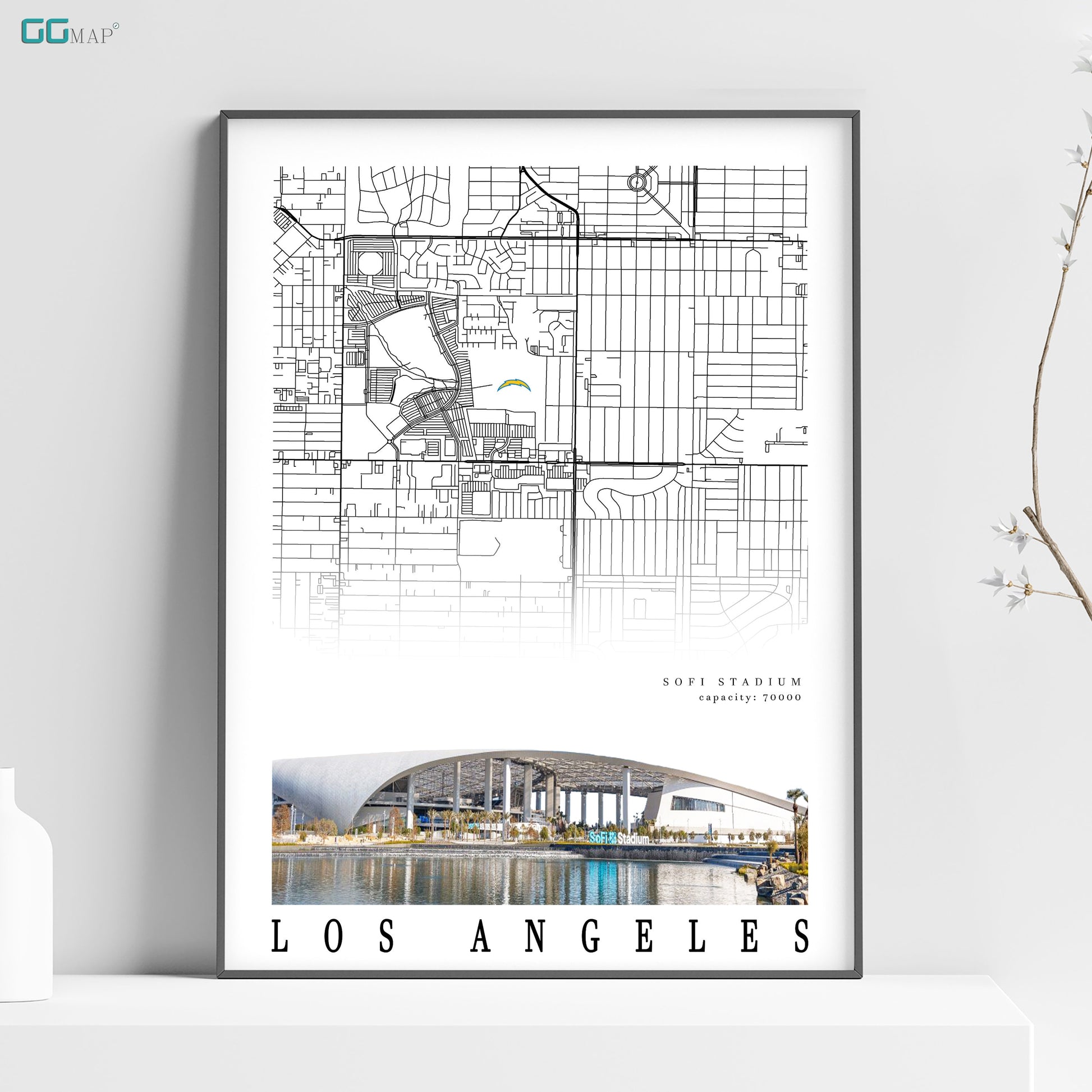 a poster of the los angeles skyline on a shelf