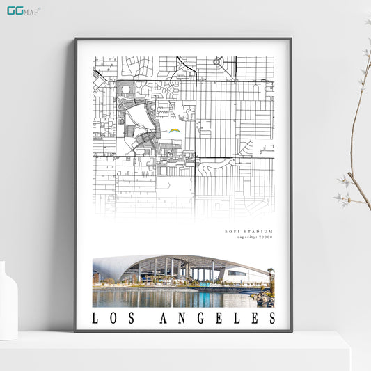 a poster of the los angeles skyline on a shelf