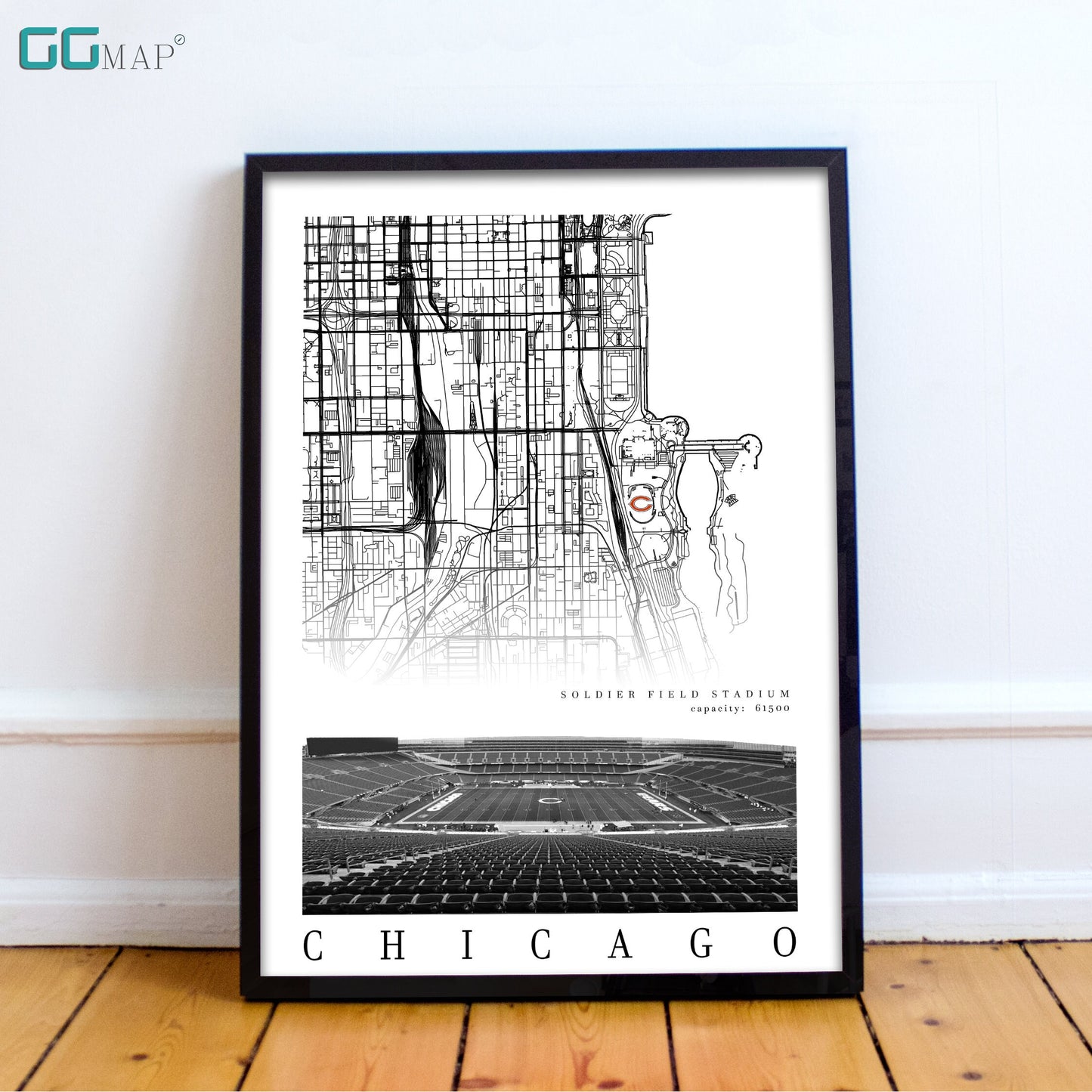 City map of CHICAGO - Soldier Field Stadium poster - Home Decor Chicago Bears - Chicago Bears wall decor - Print map - Gift -