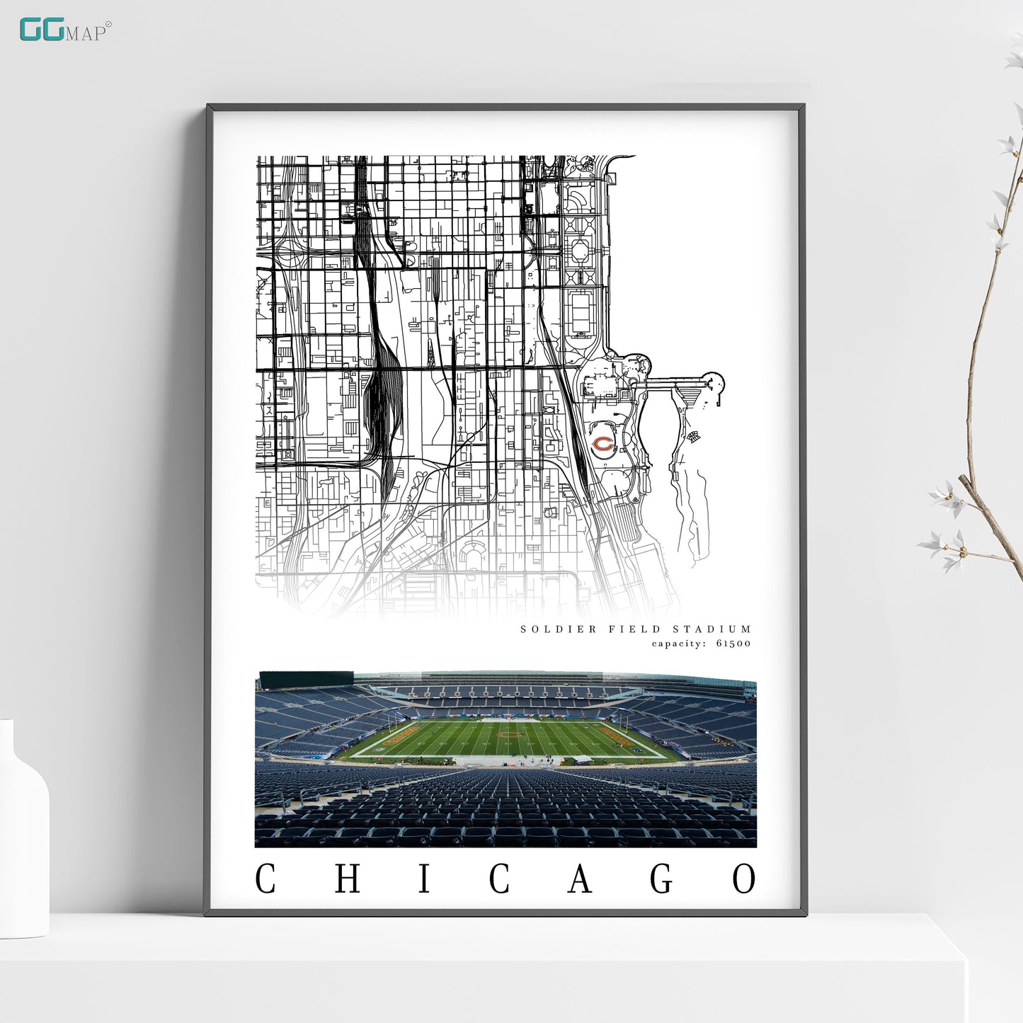 a poster of a stadium with a map of chicago