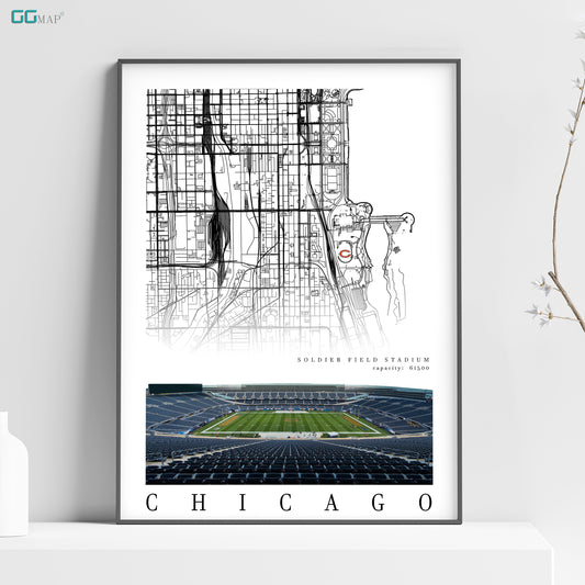 City map of CHICAGO - Soldier Field Stadium poster - Home Decor Chicago Bears - Chicago Bears wall decor - Print map - Gift -