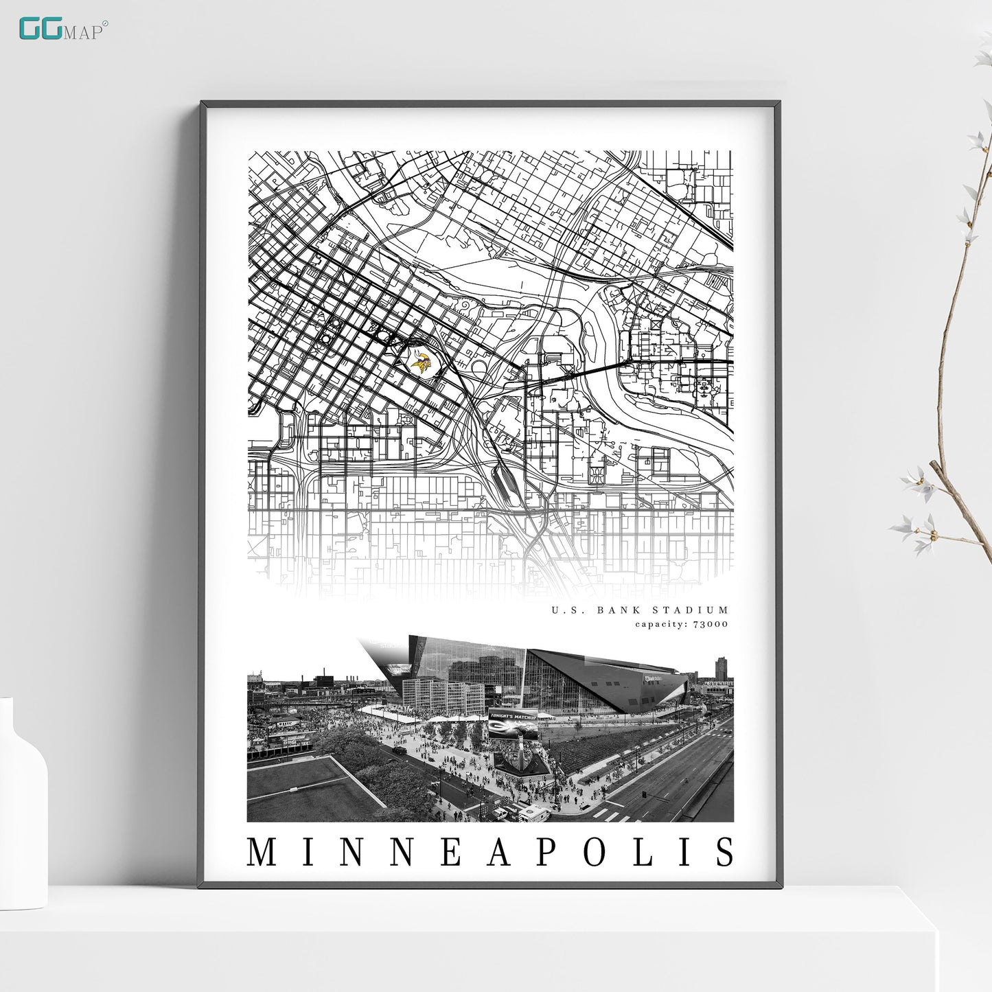 City map of MINNEAPOLIS - U.S. Bank Stadium - Minnesota Vikings  - U.S. Bank Stadium wall decor - Minneapolis poster - Print map -